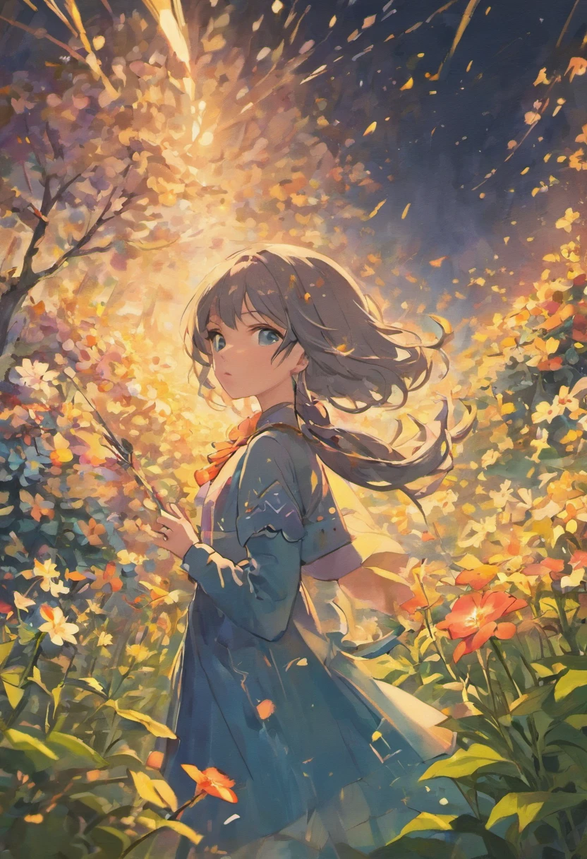 Blooming flowers flutter in the wind，black hair, Girl in flowers，Light blue and silver design，Pay attention to the texture of the skin and flowers，Sony FE 12-24mm F/2.8 gm，Impressionist garden，Proficient in calligraphy，eco-friendly craftsmanship，Brush stroke exploration