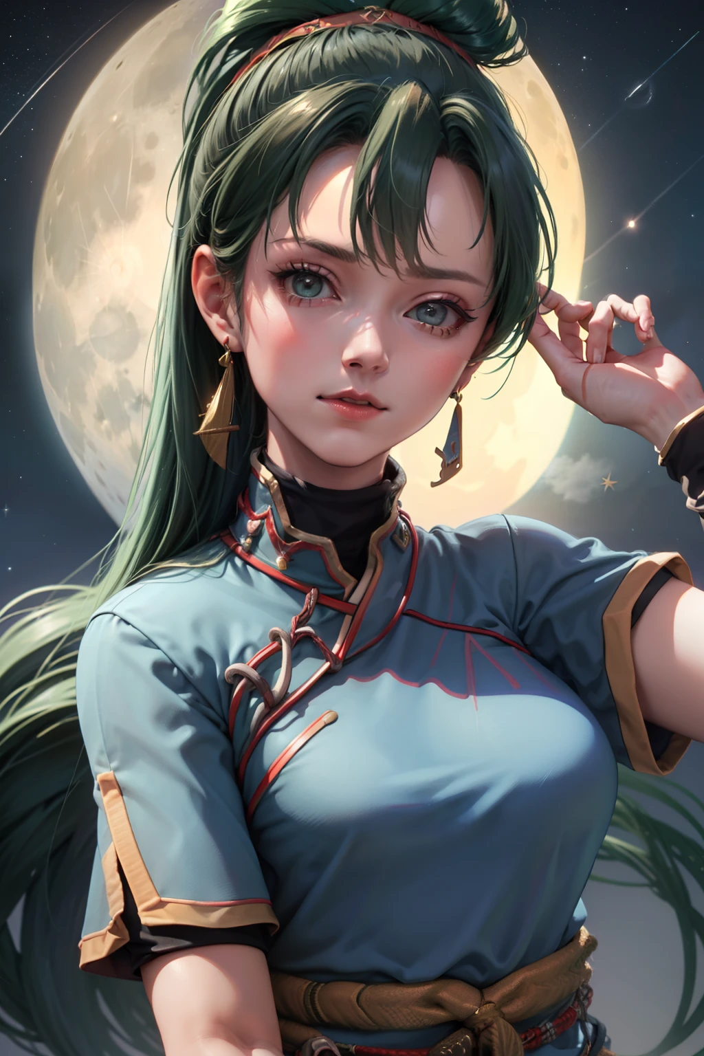 (Lyn from FE) (Wearing Lyn Clothes) (High definition) (high quality) (extremely detailed) (moon and stars background) (Perfect light)