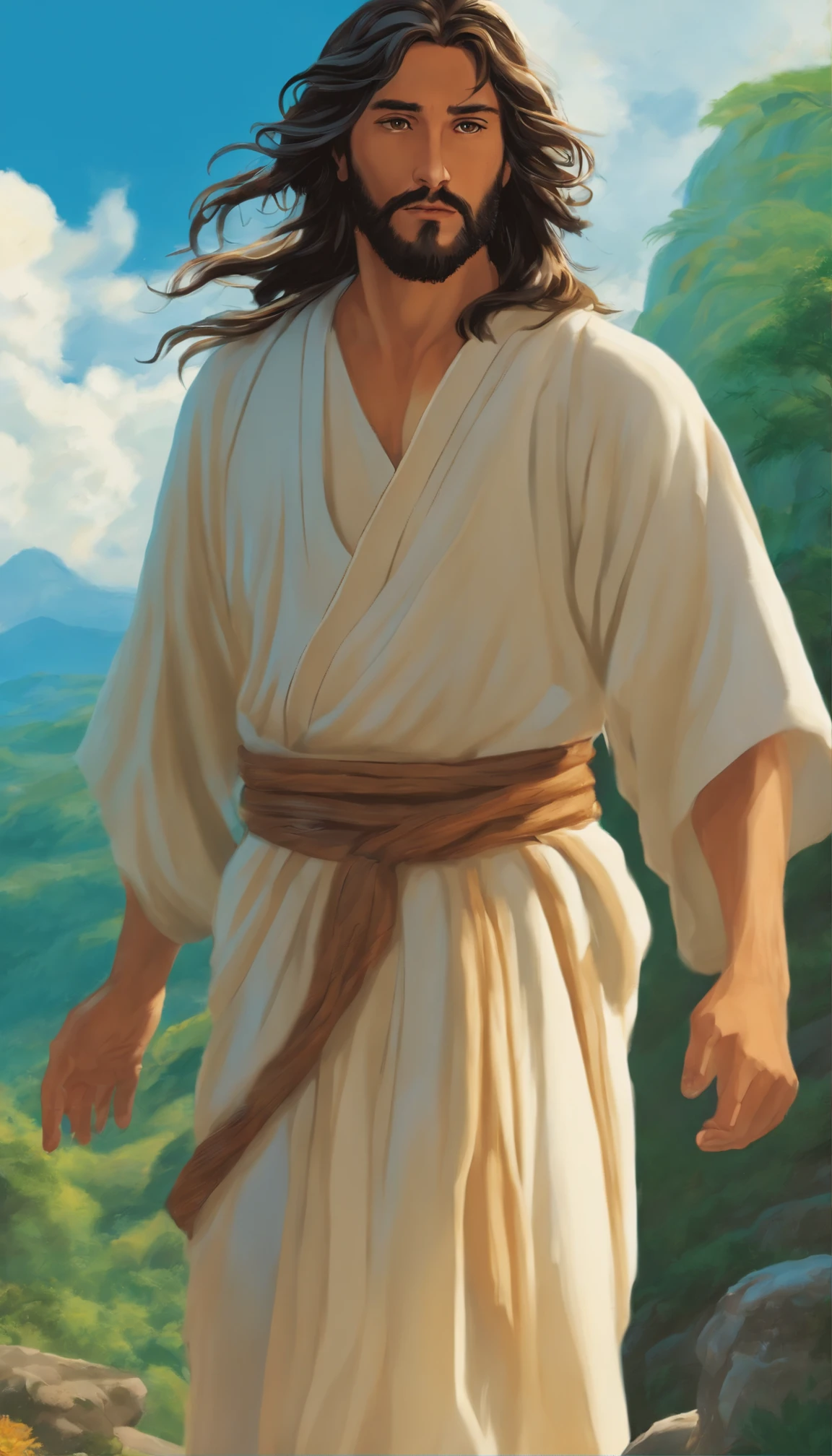 Jesus is a biblical character, pessoas no deserto em volta de Jesus ao centro. Let your imagination run wild with vivid and diverse depictions of these infamous characters, no estilo do Studio Ghibli, Estilo Makoto Shinkai."