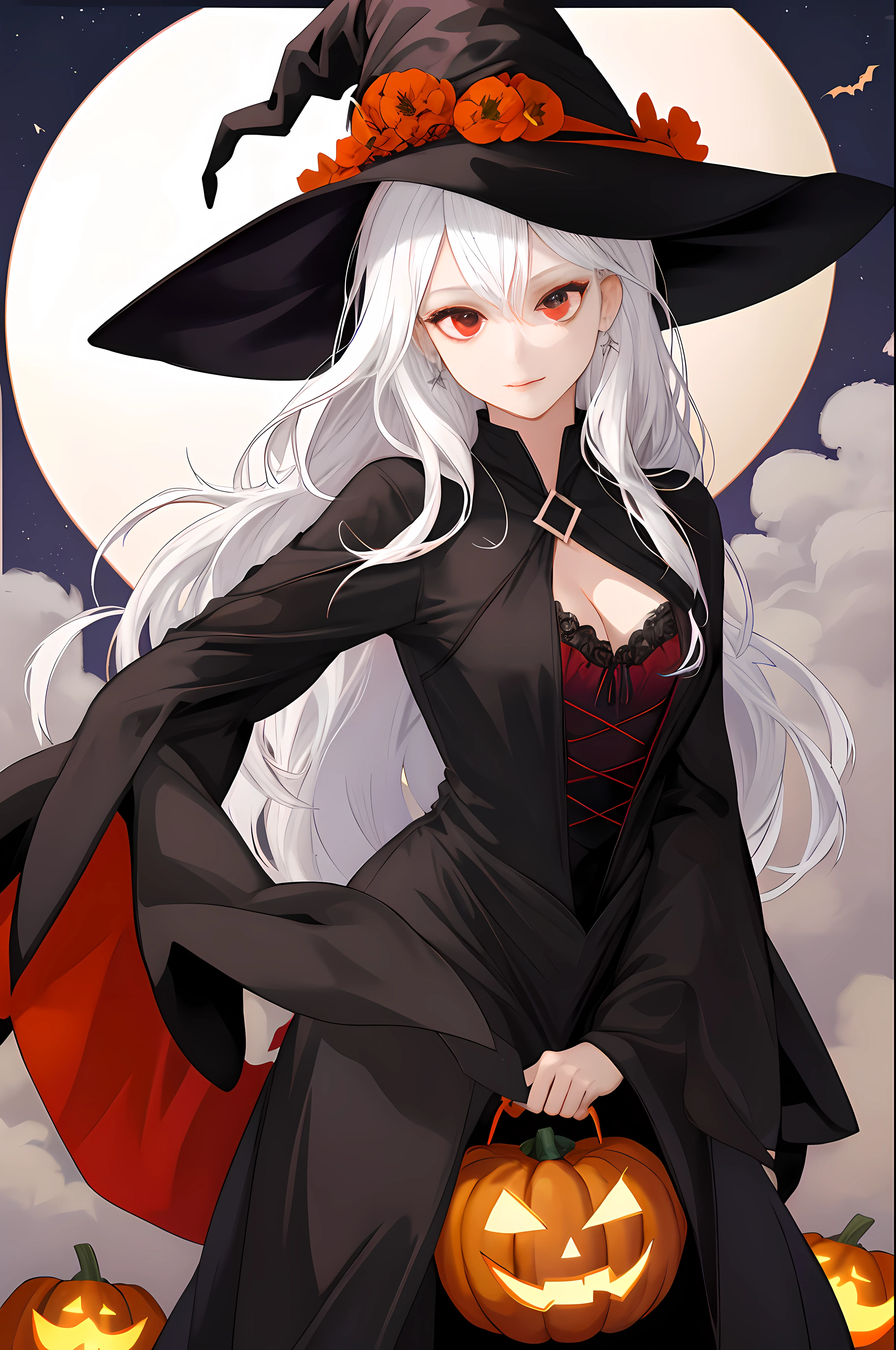 1Mulher, maduro, MILF, alto, Traje de bruxa, longos cabelos brancos, witch hat, black ocular sclera with red iris and sharp teeth like fangs, Vestido preto longo, seios grandes (Rasgado), Noite, lua, Sala de estar escura