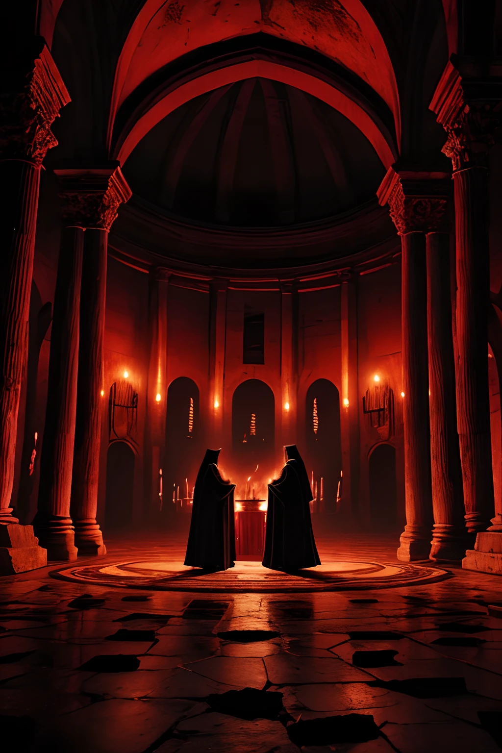 Visualiza una escena nocturna en ruinas. En el centro, There is a group of mysterious people dressed in black robes and red hoods. They are forming a circle around an ancient altar. The floor is adorned with black candles and strange symbols drawn with a red liquid. The atmosphere is tense and mysterious.
