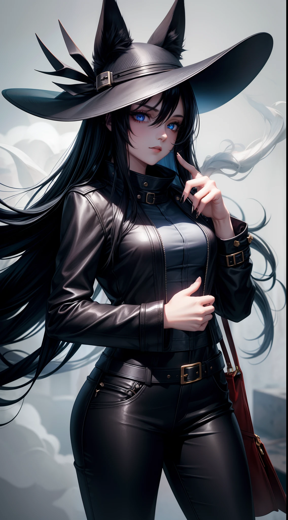 Young girl, long black hair, fox ears, blue eyes, leather coat, hat, pants, claws, smoke, masterpiece, hiquality, 4k, HD, Good detail
