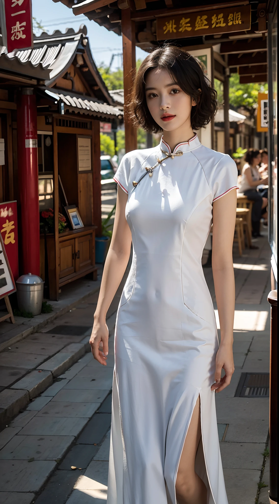 RAW photo, Best quality), (photo-realistic:1.3), Best quality, Highly detailed, Masterpiece, Ultra detail, illustration, 1girll,8k wallpaper,astounding,delicated face,Cinematic lighting effects,Natural soft light,Beautiful cute girl,Short curly hair,on cheongsam,In the daytime,exteriors,the street,frontage,facing to audience,Walking posture,Stand up