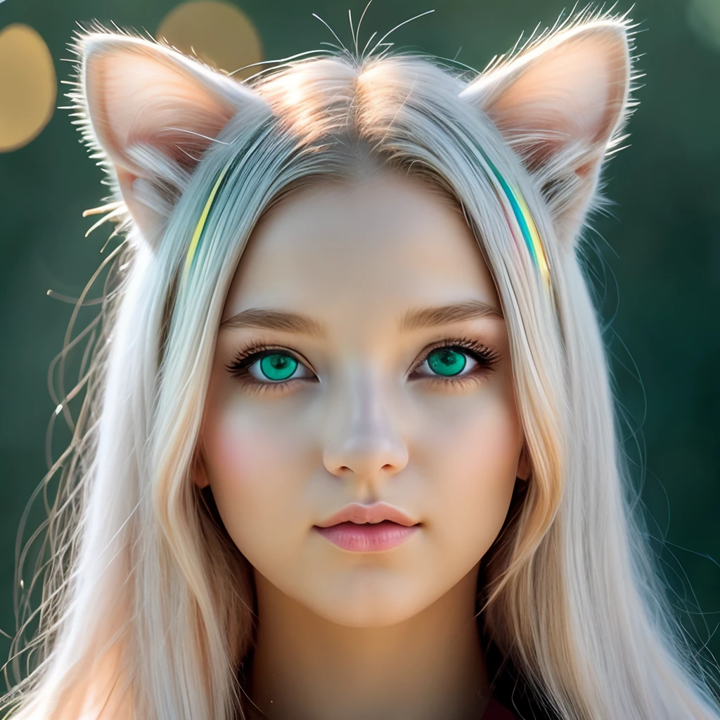 cat, masterpiece, best quility, high_quality, high_resolution, masterpiece*portait, whitespace, colorful, 1girl, solo, golden_hair, prism hair, [emerald|green] eyes, gradient eyes, multicolored eyes, glowing eyes, glowing, glitter, glowing white particles, wind lift, full_body, serious,