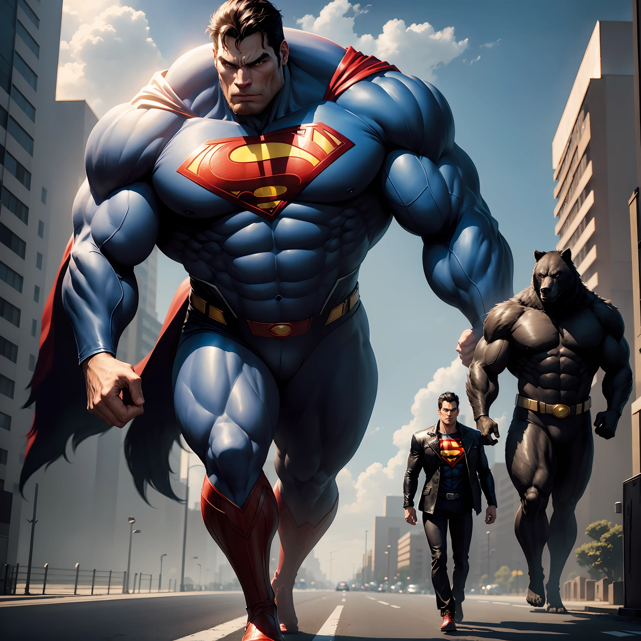 Superman walking on the road with a man in a black jacket, giant bear human hybrid, giga chad capaybara, huge creature, tall emaciated man wolf hybrid, powerful and huge, beast, unbelievable.