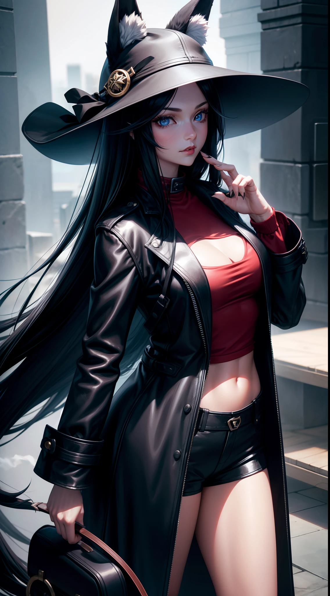 Young girl, long black hair, fox ears, blue eyes, leather coat, hat, pants, claws, smoke, masterpiece, hiquality, 4k, HD, Good detail