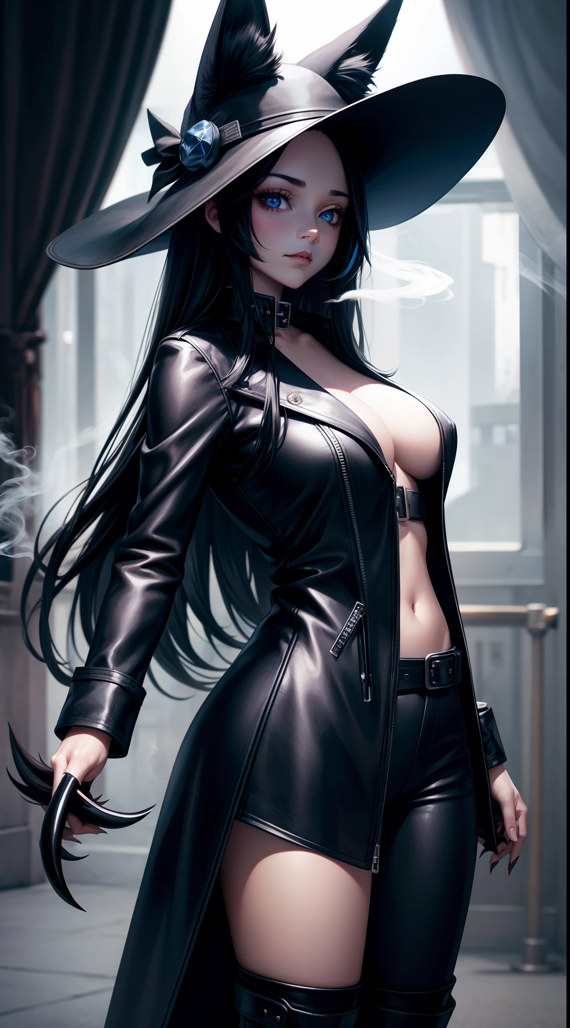 Young girl, long black hair, fox ears, blue eyes, leather coat, hat, pants, claws, smoke, masterpiece, hiquality, 4k, HD, Good detail