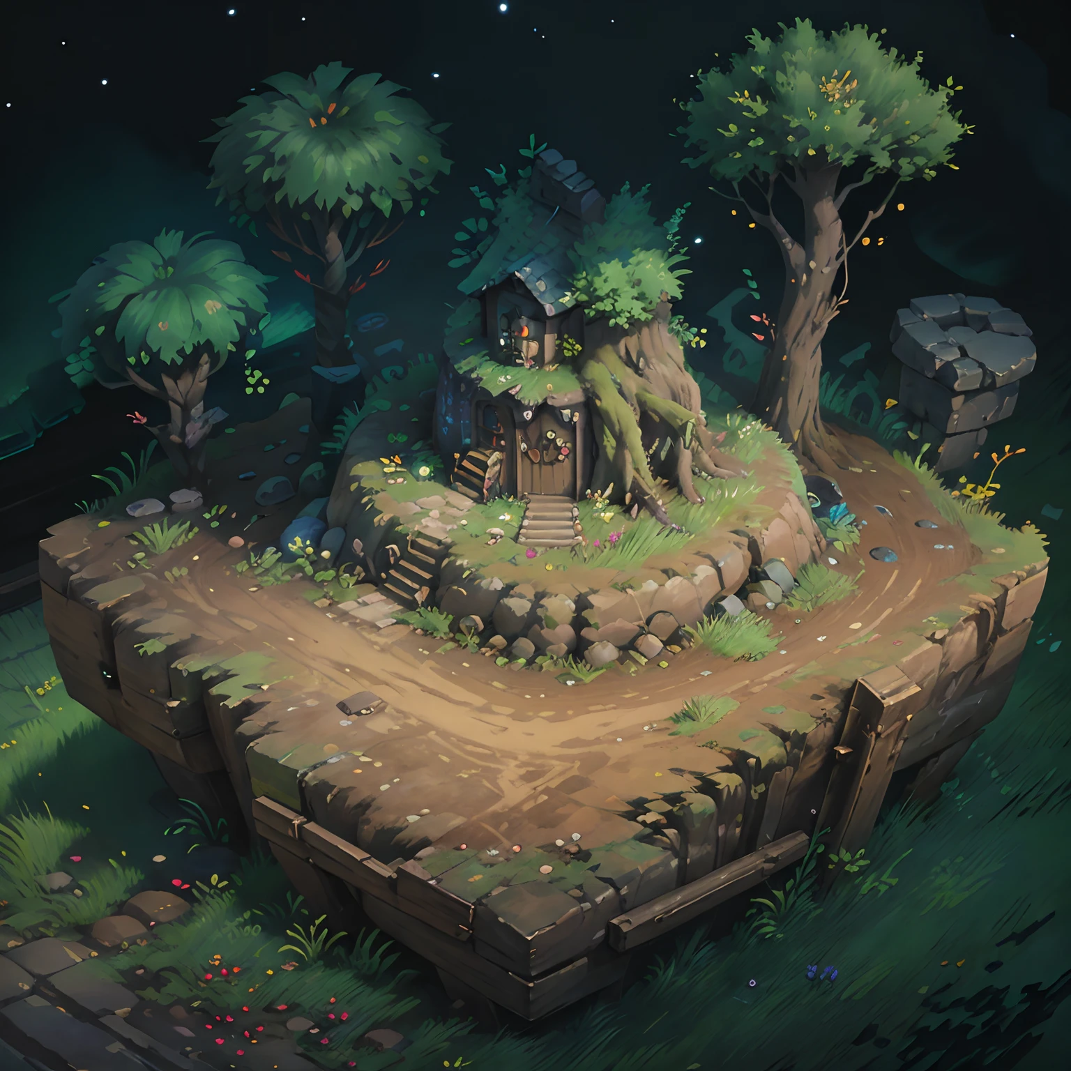 8K, (((isometry))), Look down at 45°,Top-down fantasy,the night,Isometric art of the Pumice Islands, Mother Earth,No buildings,stump,Broken trees,dead tree,setting in nature,ln the forest,The tree,grassy fields,Luminous flowers,Avatar,Cartoony,Q version of role-playing, alta fantasia, art stations, concept-art, moss, Final Fantasy,Dream Westward Journey, 8-bit video game art,in style of ghibli