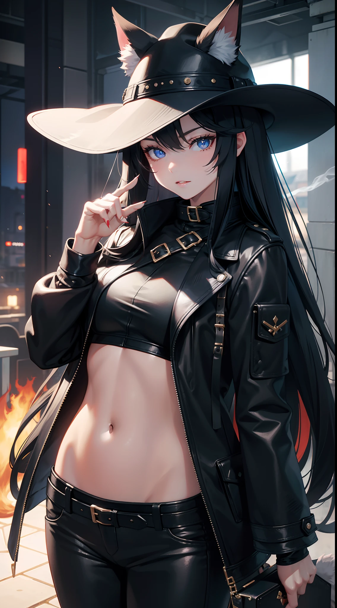 Young girl, long black hair, fox ears, blue eyes, leather coat, hat, pants, claws, smoke, masterpiece, hiquality, 4k, HD, Good detail