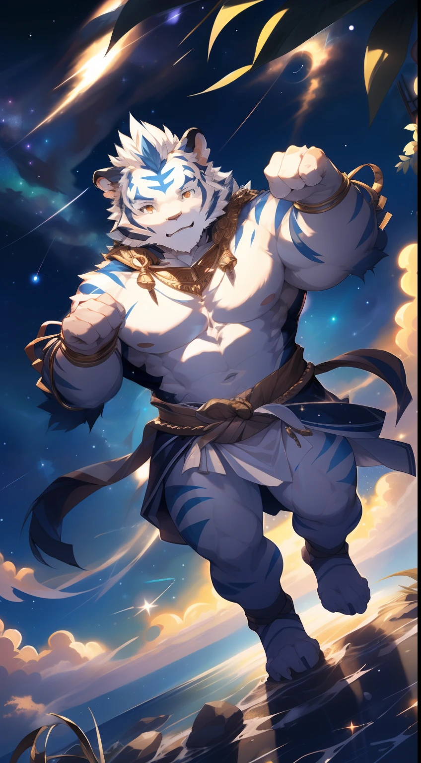 (by null-ghost, by thebigslick, By Darkgem, by Honovy), Kogenta (Onmyoji Oyamaji Temple), high-definition photograph, Perfect anatomy, Anthropomorphic white tiger, male people, 20yr old, Deities, Light blue stripes, Strong body, large pecs, Pink milk clusters, medium bulge, He is suspended in the clouds, Wear a white loose skirt, Divine brilliance, one arm raised, Unleash magic,(Starry sky at night:1.5), Mysterious Expression, Be red in the face, Golden pupils, Look up at the sky, Gold ornaments, Clear facial features, Strong, Solo, fog atmosphere, Clouds, upper sky, meteor shower, extreme light, From above, tack sharp focus,volume fog,8K UHD,Digital SLR,high qulity,(filmgrain:1.4),Fujifilm XT3,full bodyesbian