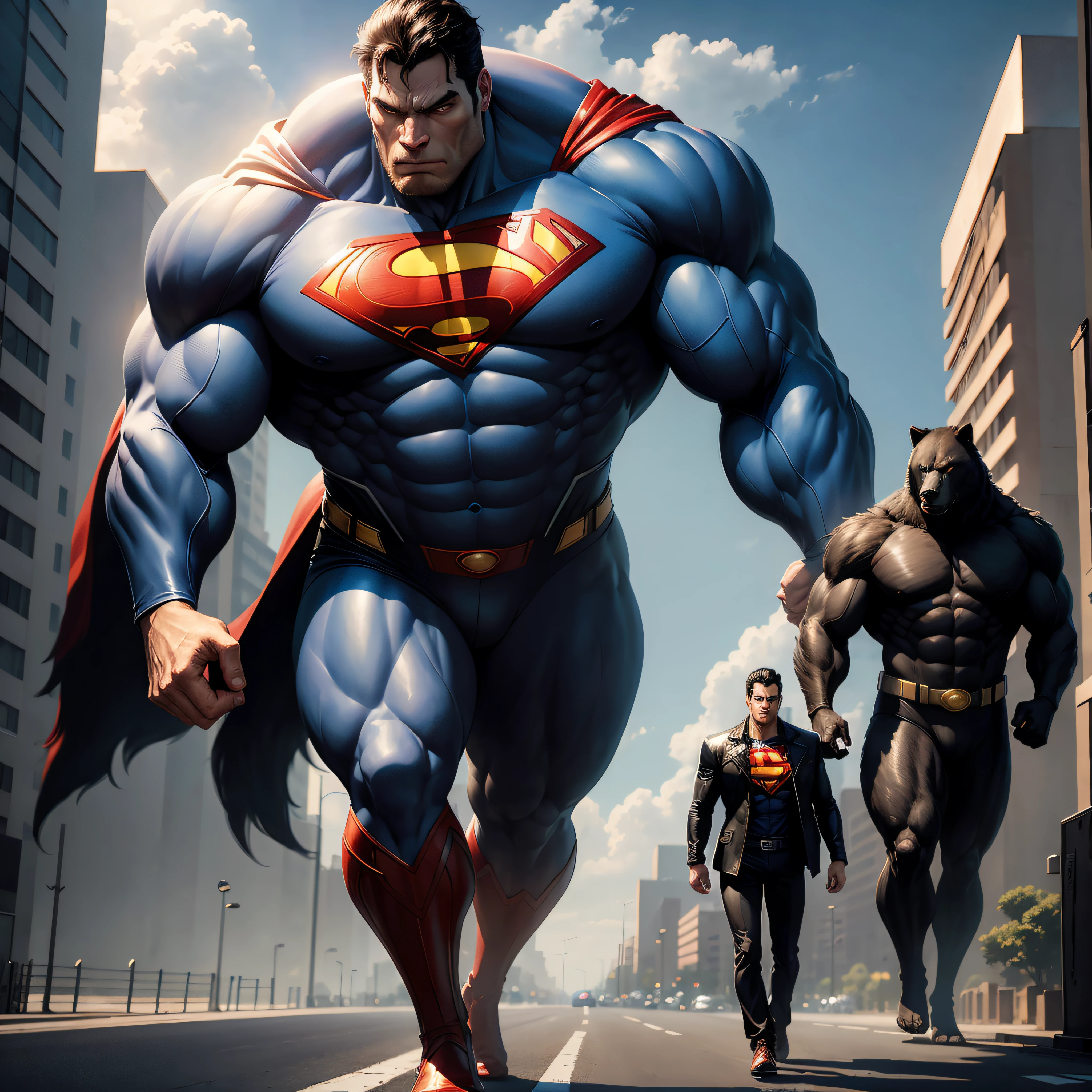 Superman walking on the road with a man in a black jacket, giant bear human hybrid, giga chad capaybara, huge creature, tall emaciated man wolf hybrid, powerful and huge, beast, unbelievable.