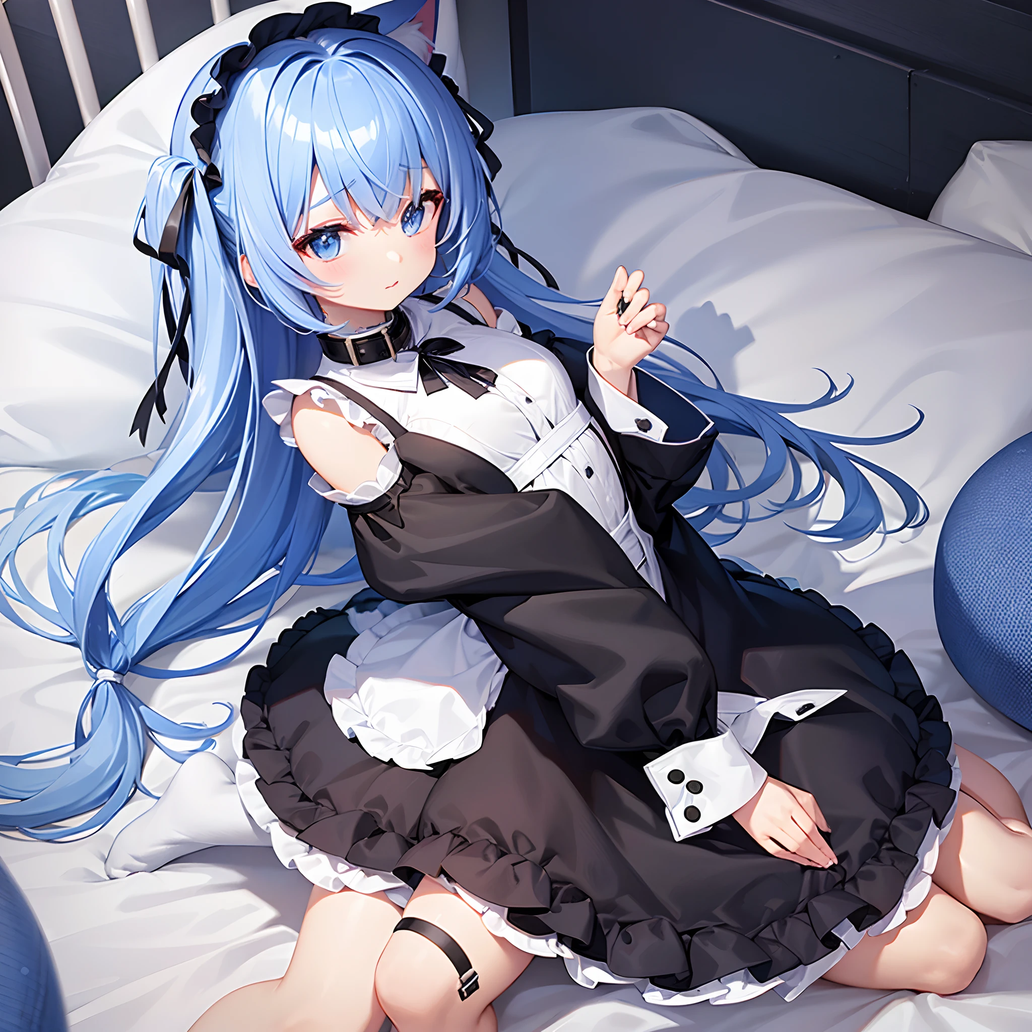 A  and cute boy with cat ears。Her hair color is light blue and she wears a collar.。I often play with maid girls。