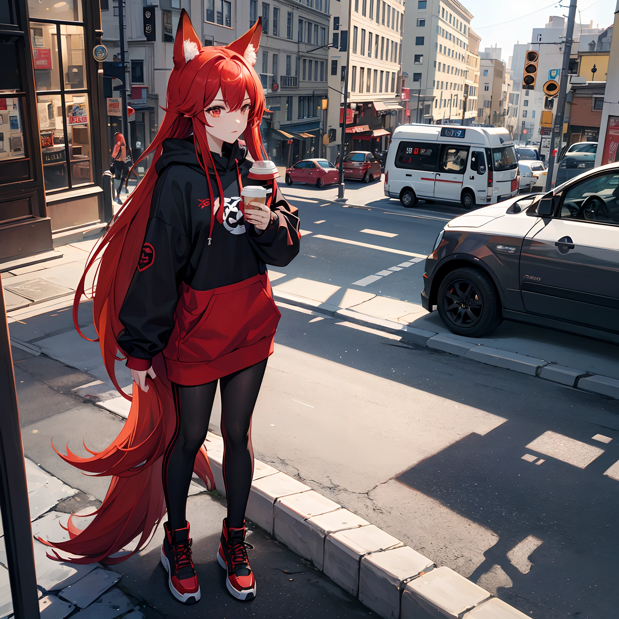 A woman with red hair, fox ears, fox tails, wearing a black hoodie, drinking a coffee, chilling, alone, beautiful, pretty, cool, cold