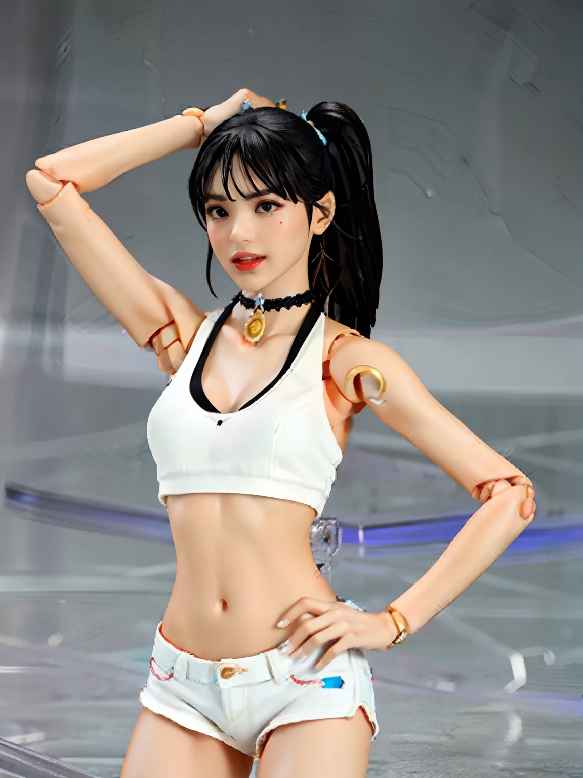 1girl, action figure, Figma, doll, dancing and singing pose, holding a microphone, black daisy duke, white tanktop, black choker,