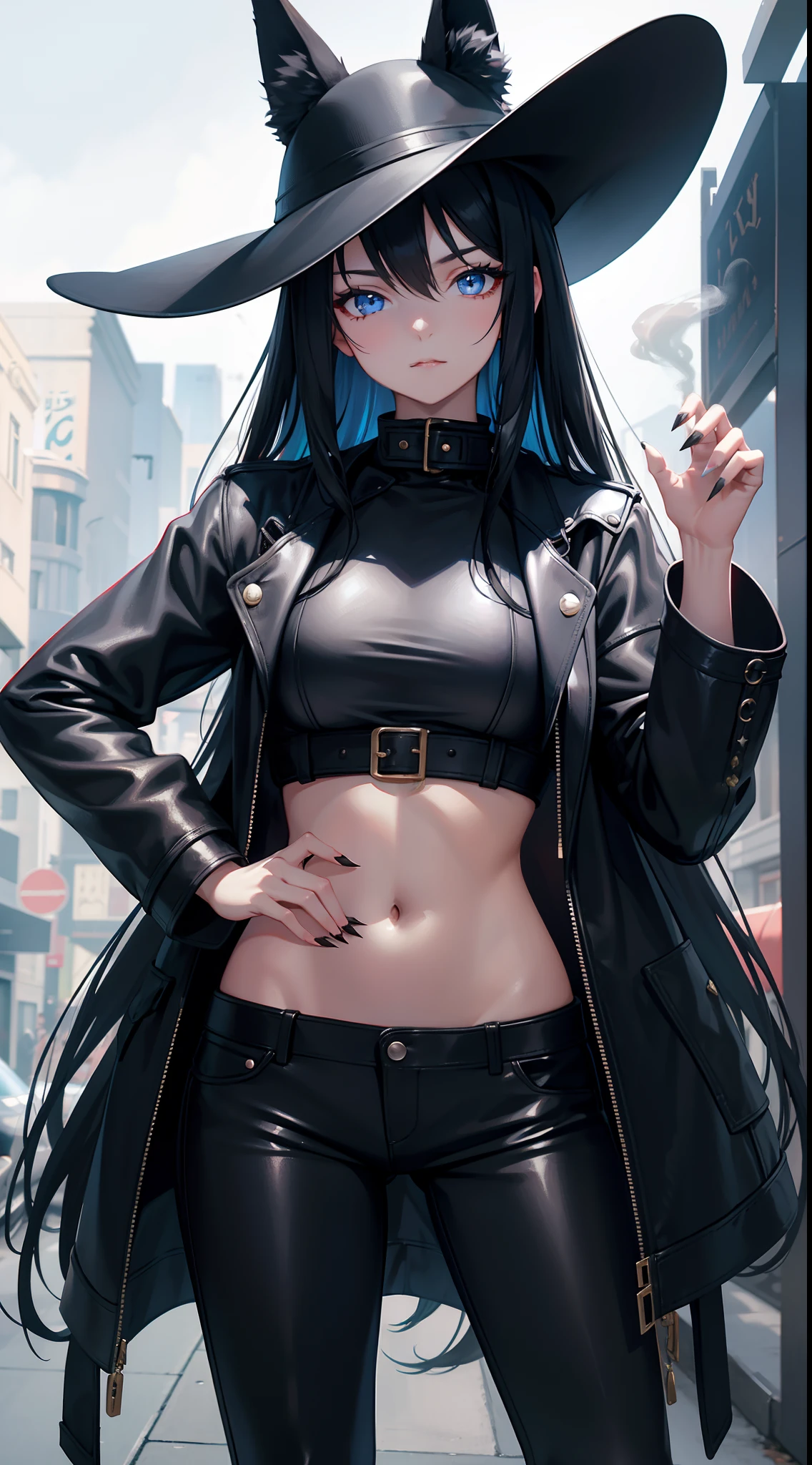 1girl,  esdeath, long hair,  choker, chest tattoo,
mature female, mature, adult, Eft_akame_esdeath, 1girl, blue eyes, blue hair, long hair, large breasts, tattoo, very long hair, chest tattoo, choker, hair between eyes, masterpiece, best quality, highly detailed, a girls with a gun, evil smile , open mouth, sexy gaze, badass
pose , evil smile, smile, (nsfw) not safe for work, guns blazing, anime girl with long hair, beautiful long
haired girl, navel, evil expression, exposed belly, exposed navel, exposed midriff, exposed lower belly,
long black pants, crop top, cleavage, unbuttoned leather pants ,open fly, low rise black leather pants,
leather jacket, holding a gun, outdoor,street,road, navel piercing