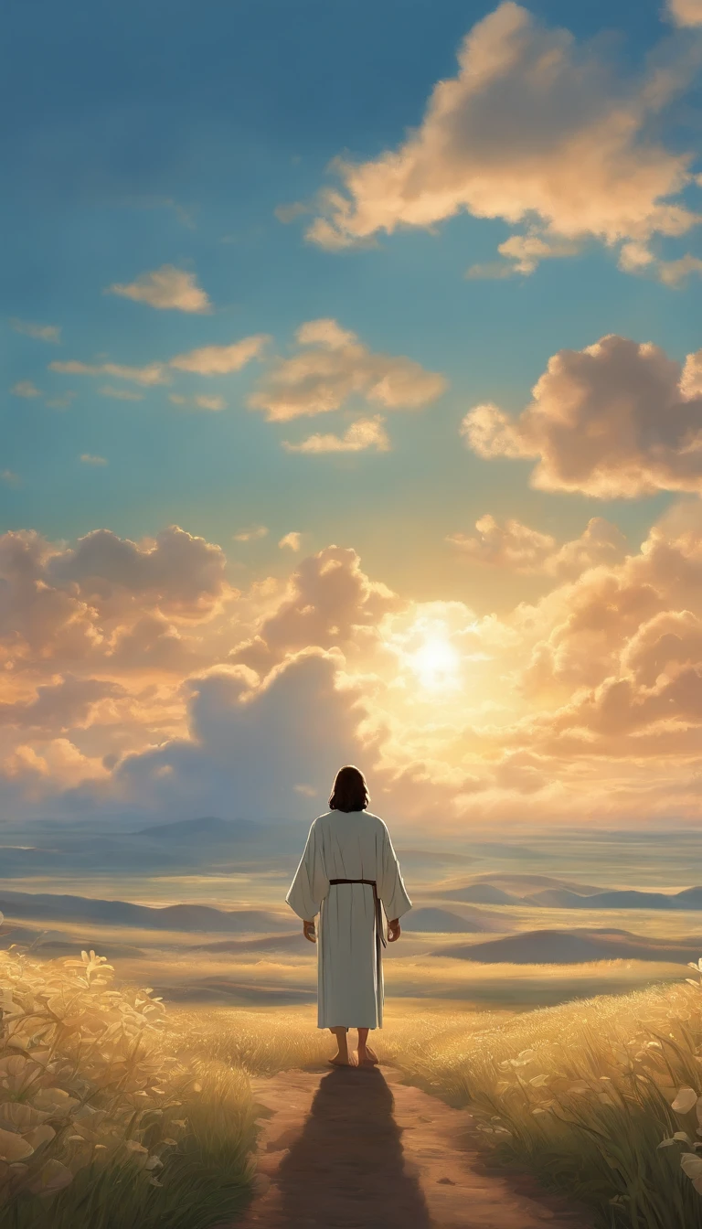 Jesus no deserto cercado de pessoas, Background sky with angels but clouds, no estilo do Studio Ghibli, Estilo Makoto Shinkai."