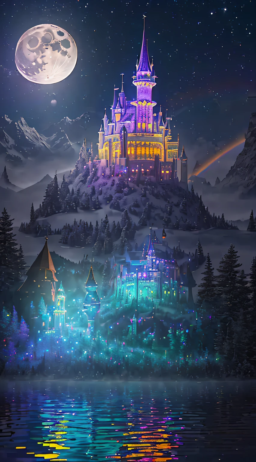 ((perfectly rendered rainbow-colored magic castle)), artwork grade, particle rendering, ({vivid}saturated, ({floating} levitation), ({in_the_lake} lake), ({night_camp} night view), extreme vista, (({moon} moonlight) shining), ({fog} foggy) --v 6