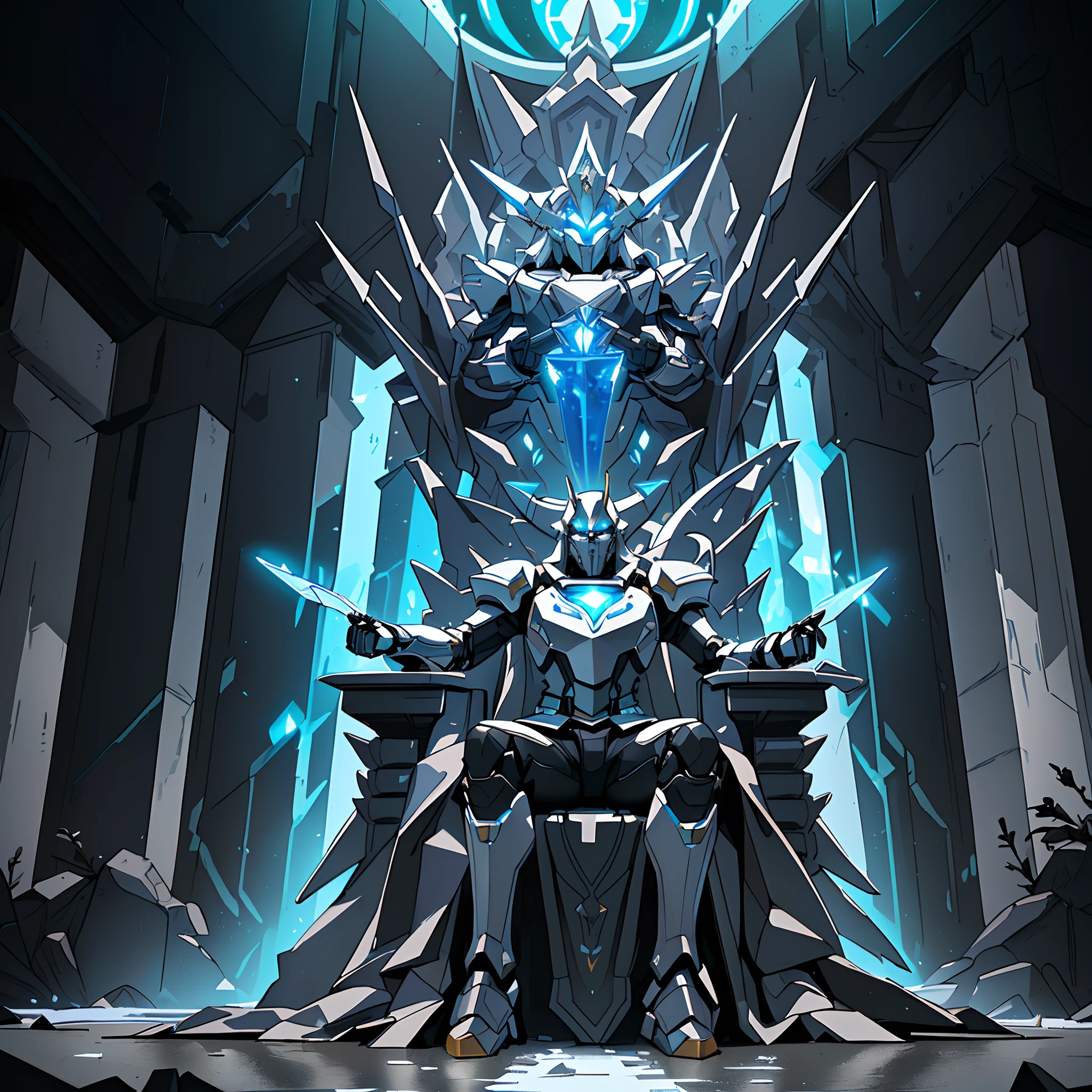 best quality, masterpiece, mecha, a fully robotic white knight in a fantasy dream, wrong place wrong time, not understand this should be implied, dark character or background, Amazon forest, seriousness, (similar to game of throne meets tron), the glowing throne, sitting on ice throne, sitting on obsidian throne, 8k hd wallpaperjpeg artifact, 8 k hd wallpaperjpeg artifact, sitting on intricate throne, wallpaper splash art promo art, official splash art, on a throne of crystals