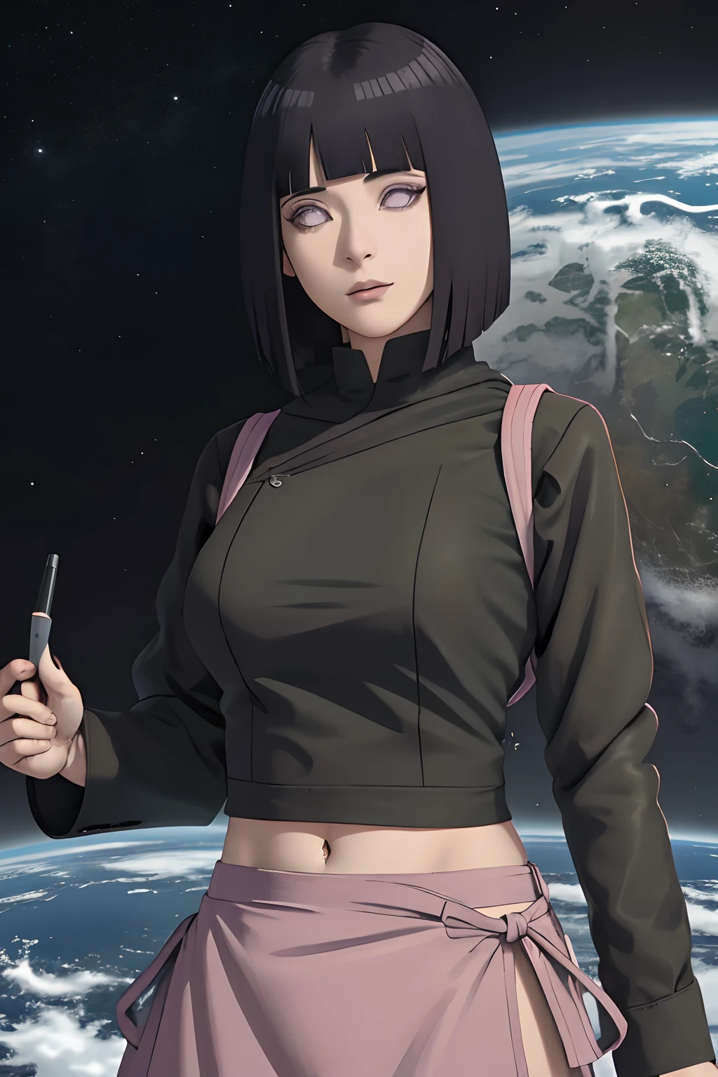 obra maestra, absurdos, Hinata\(Boruto\), 1girl, solamente,hembra madura, Crop top de punto sin hombros, , perfect composition, labios detallados, pecho grande, Cara hermosa, body propotion, sonrojarse, (labios rosados), Cabello largo, purple eyes, mirada suave, super-realistic, detallado, n, Rostro y cuerpo realistas,Sentado sobre el planeta tierra visto desde el espacio,purple hoodie,grandes tetas
brown pants
black shirt, apron