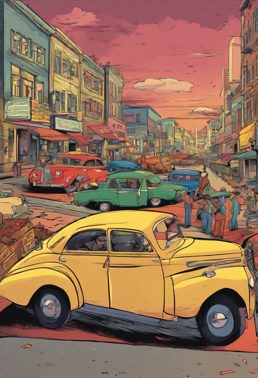 "Illustrate a thrilling scene of animal as a mafia members making their getaway in vintage cars after a successful heist, wearing matching mafia-style outfits and hats."
