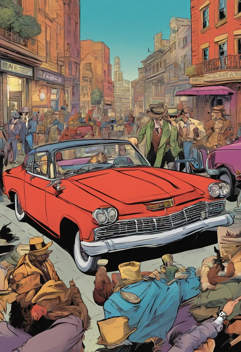 "Illustrate a thrilling scene of animal as a mafia members making their getaway in vintage cars after a successful heist, wearing matching mafia-style outfits and hats."