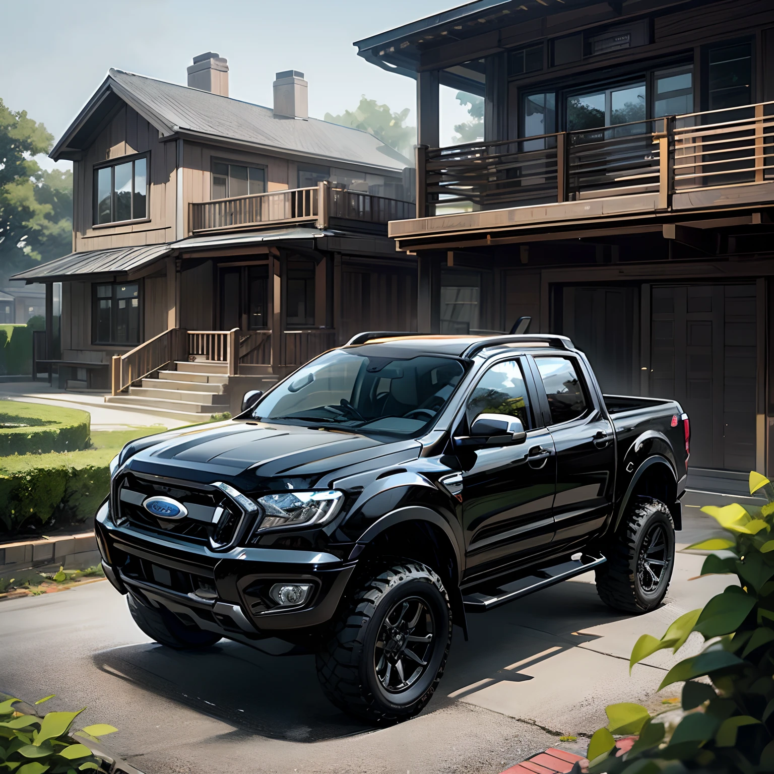 Black ford truck, black color, ford ranger, pick up truck, car, vehicle, ford, park in front of modern house, no one, daytime, modern house background, high detail