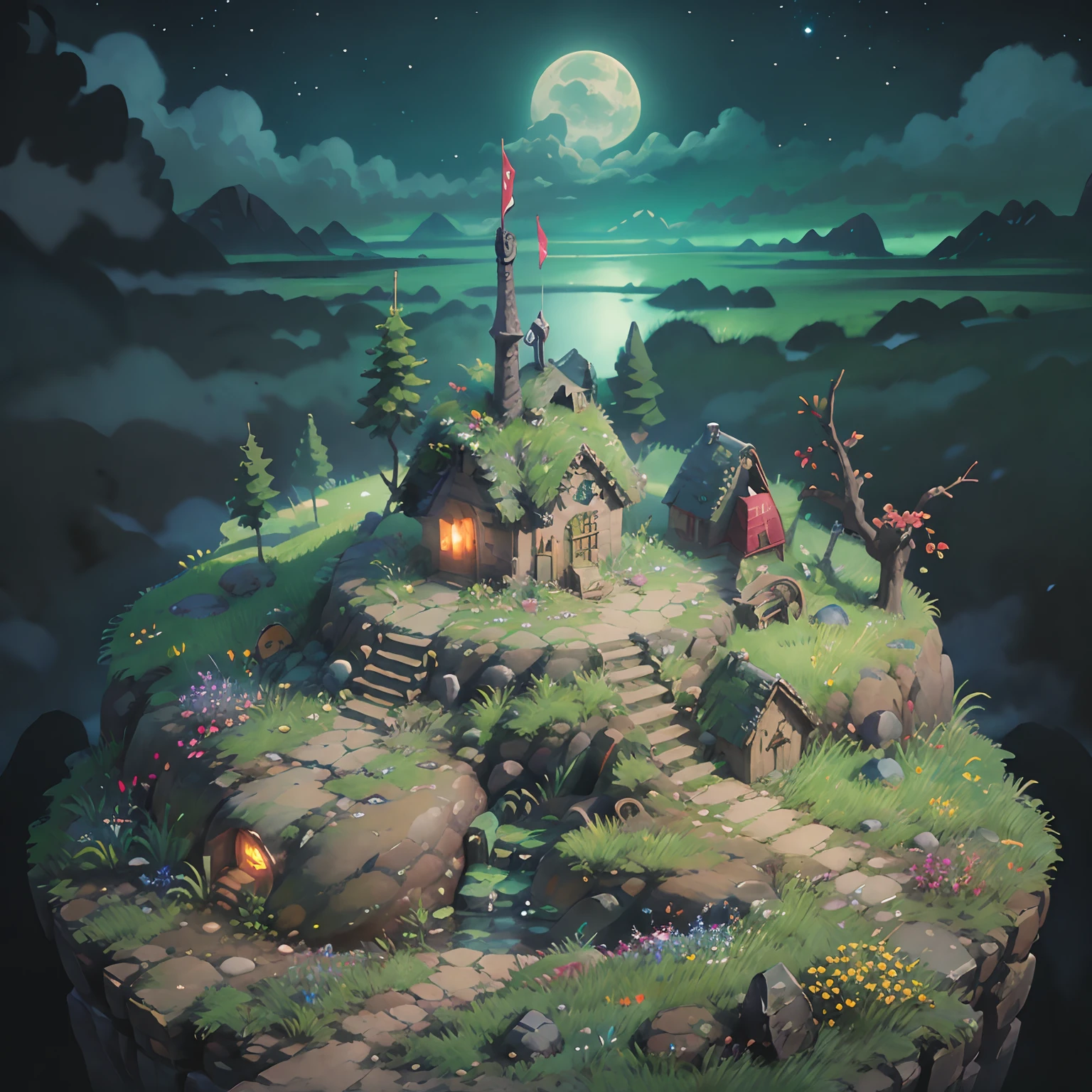 8K, (((isometry))), Look down at 45°，Top-down fantasy,the night，Isometric art of the Pumice Islands, Mother Earth，No buildings，stump，broken trees，dead tree，setting in nature，ln the forest，The tree，grassy fields，Luminous flowers，Avatar，Cartoony，Q version of role-playing, alta fantasia, art  stations, concept-art, moss, Final Fantasy,Dream Westward Journey, 8-bit video game art,in style of ghibli