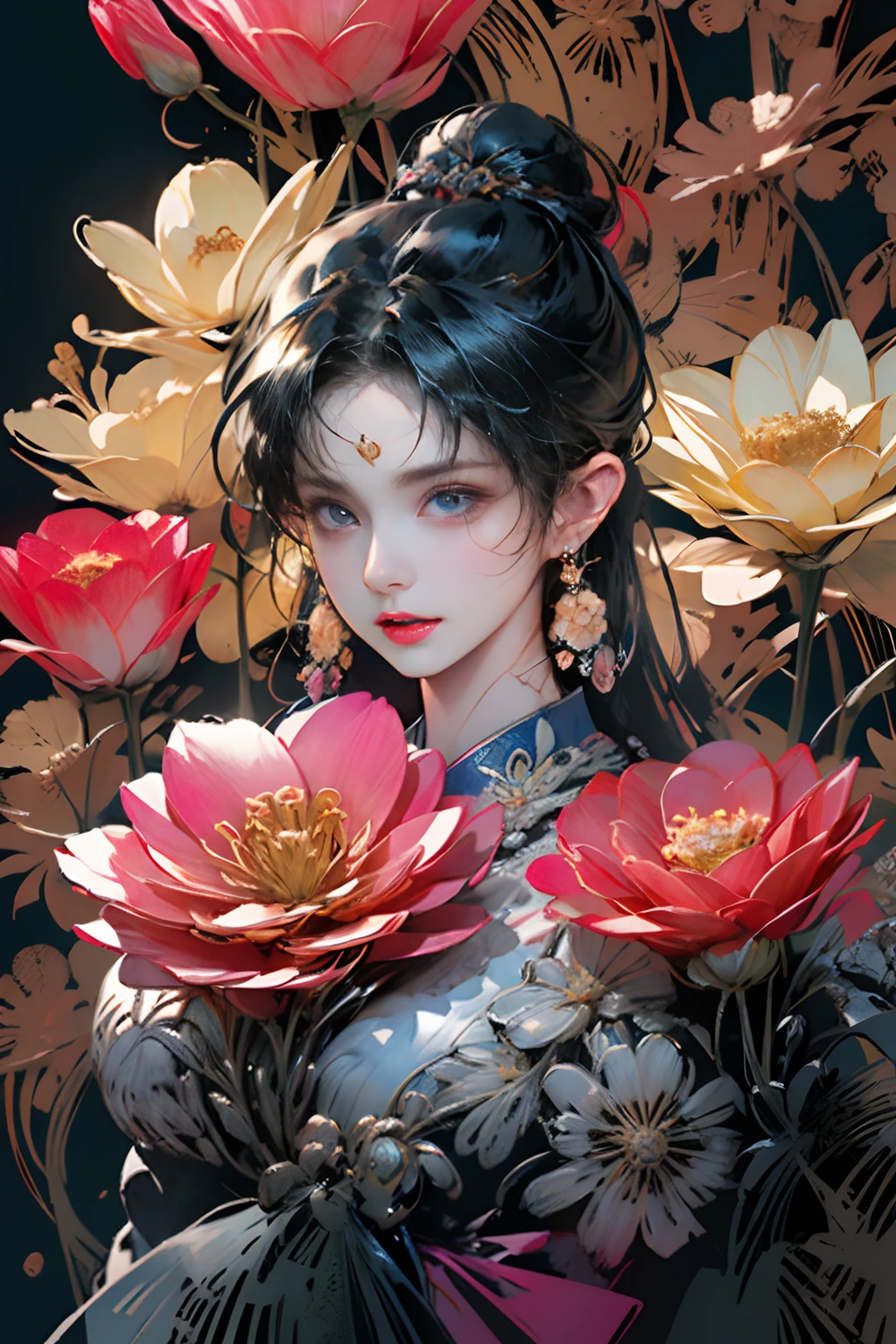 (masterpiece, top quality, best quality, official art, beautiful and aesthetic:1.2), (1girl:1.3), extremely detailed,(fractal art:1.1),(colorful:1.1)(flowers:1.3),highest detailed,(zentangle:1.2), (dynamic pose), (abstract background:1.3), (chinese Traditional cloth:1.2), (shiny skin), (many colors:1.4), ,(earrings:1.4),
