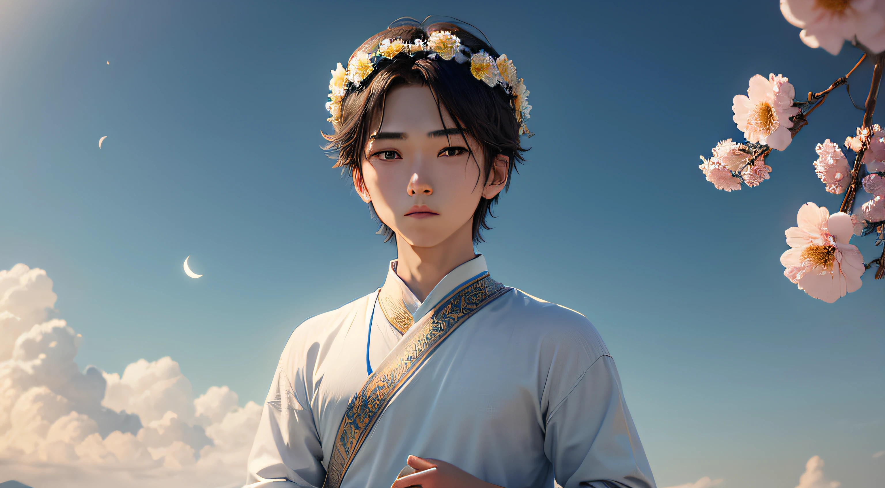 A beautiful boy boy man，Stand under the blue sky，Asian looks，korean people，Korean boy，Beautiful Korean boy，It's so beautiful，It seems like a girl，breathtaking beauty，Closed moon shame flower，Fifteen or sixteen years old，Almost an adult，largeeyes，Looks like a girl，Big winter，The clothes were tightly wrapped，without a beard，No muscles，appropriatelydressed，Wearing a flower crown on his head，Jewelry riddled，Jewelled，Very rich，Jewelry sparkles，The expression is gentle