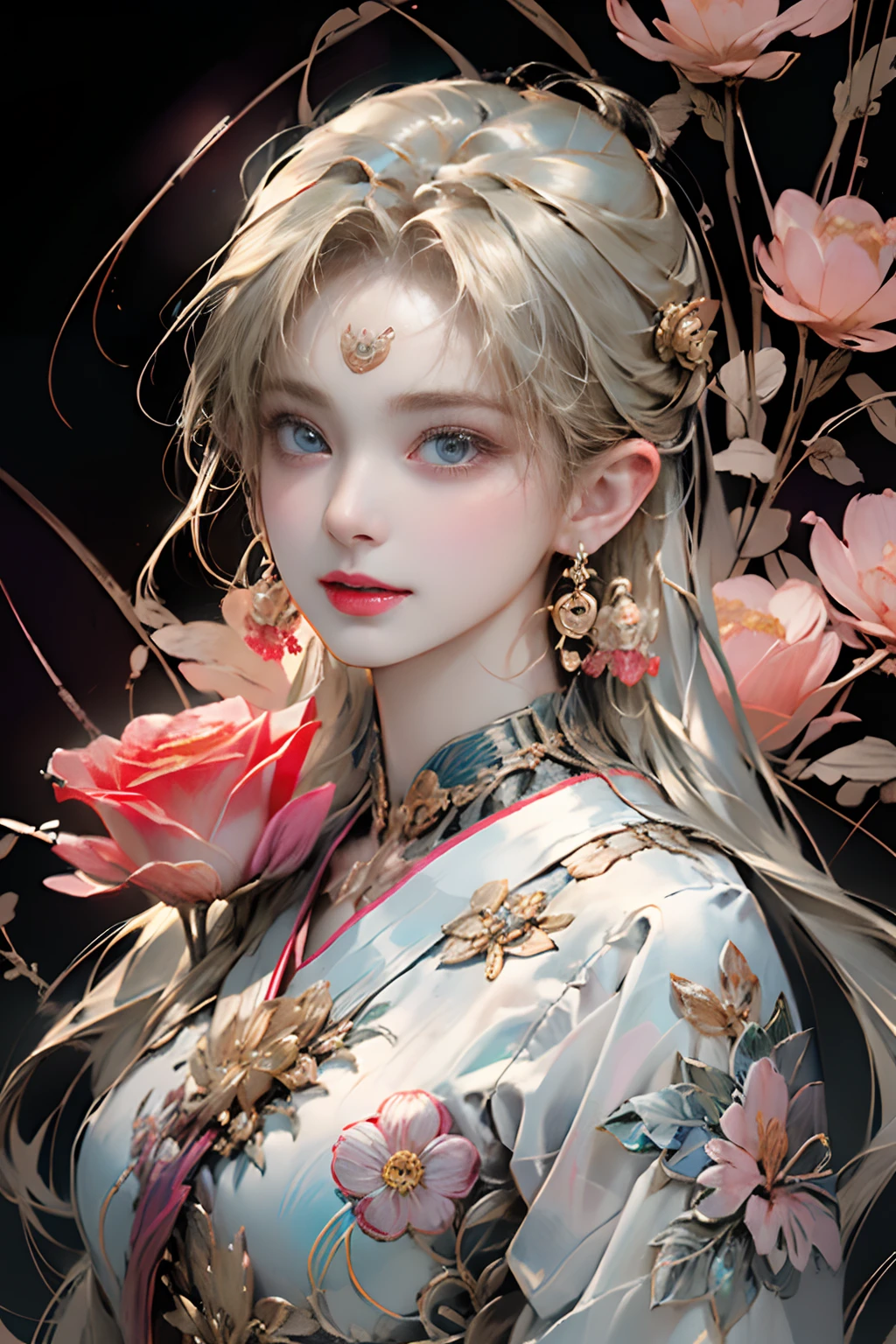 (masterpiece, top quality, best quality, official art, beautiful and aesthetic:1.2), (1girl:1.3), extremely detailed,(fractal art:1.1),(colorful:1.1)(flowers:1.3),highest detailed,(zentangle:1.2), (dynamic pose), (abstract background:1.3), (chinese Traditional cloth:1.2), (shiny skin), (many colors:1.4), ,(earrings:1.4),