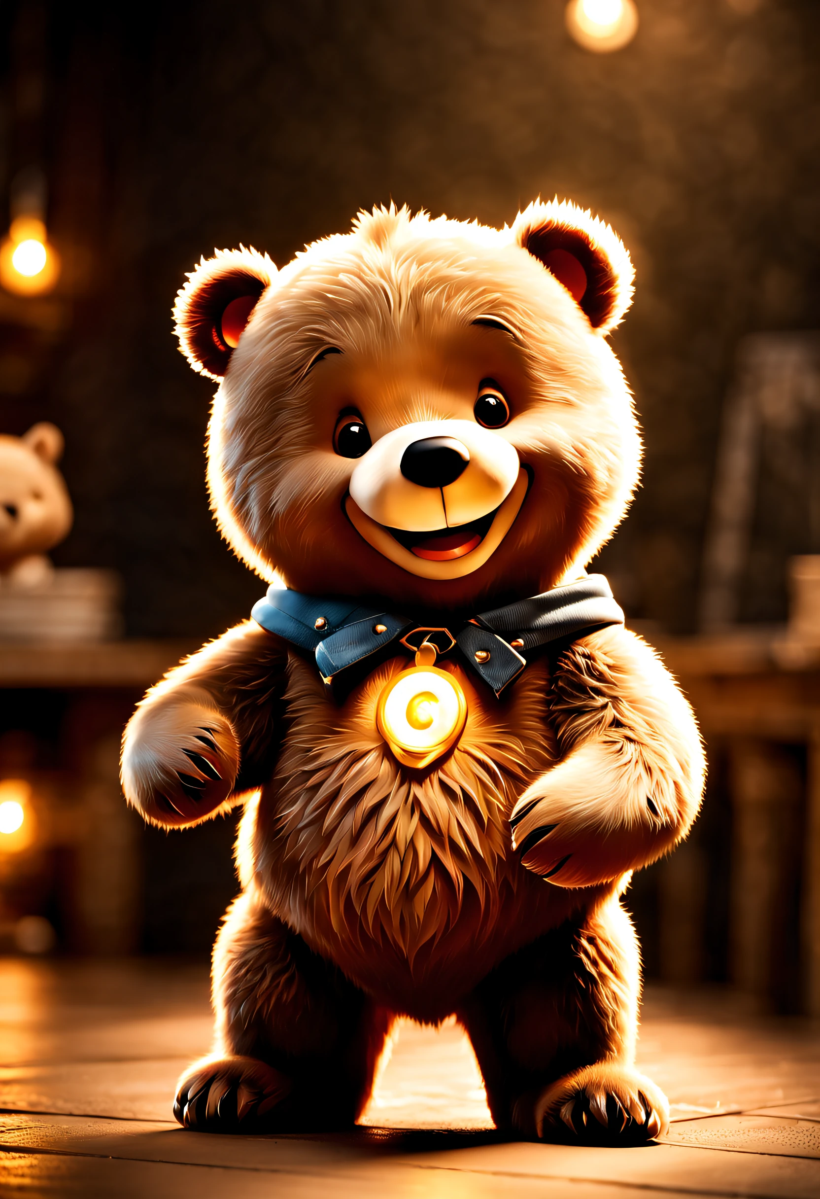 "(((workshop))), best qualityer, Ultra-detailed, красивая реалистичная CG 8k обоина, Charming soft lighting, Cub bear, Play on a dark background, ((ssmile))."