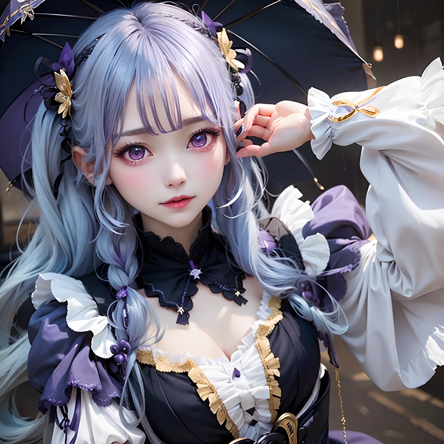 GENSIN IMPACT_Sweet rain、1girl solo、pale blue hair_The tips of the hair are dark、purple multicolored eyes、Under the white and purple bodice、With gold accents、Wearing a black bodice、animesque、masutepiece、top-quality
