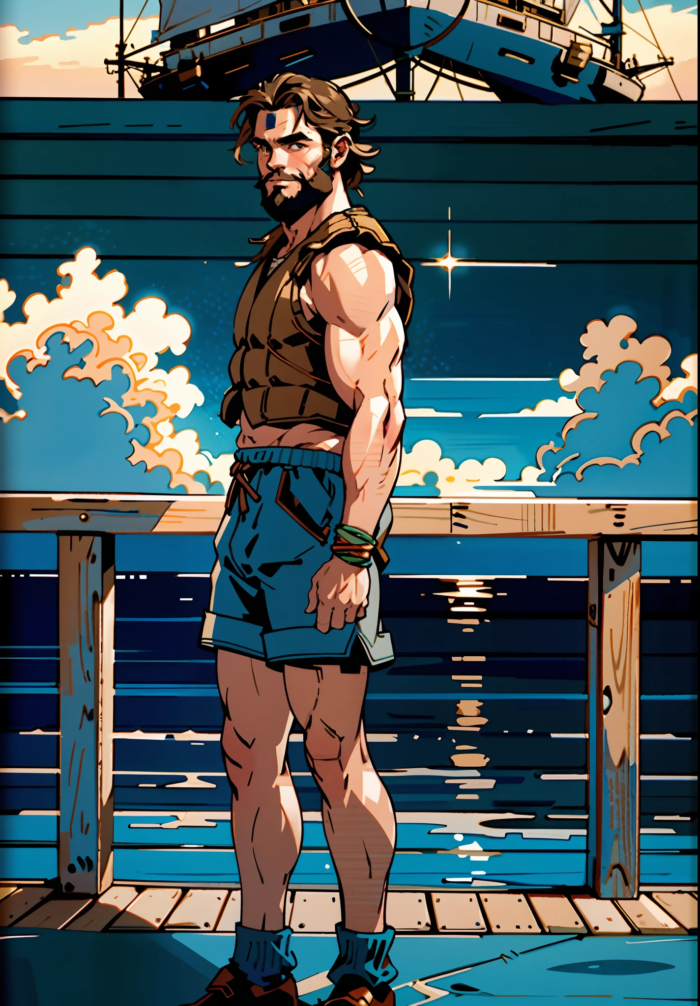 A middle-aged man with short dark golden hair, hair swept backward g, a thick headband around his forehead, deep facial features, resolute gaze, bright smile, a full beard, a tight-fitting fisherman vest, a blue-gold thick breastplate, a black tight-fitting undershirt, solid bronze muscles, a wristband on his wrist, shorts, stands on a large ship sailing on the sea, this character embodies a finely crafted fantasy-style fisherman in anime style, characterized by an exquisite and mature manga illustration art style, high definition, best quality, highres, ultra-detailed, ultra-fine painting, extremely delicate, professional, anatomically correct, symmetrical face, extremely detailed eyes and face, high quality eyes, creativity, RAW photo, UHD, 8k, Natural light, cinematic lighting, masterpiece:1.5