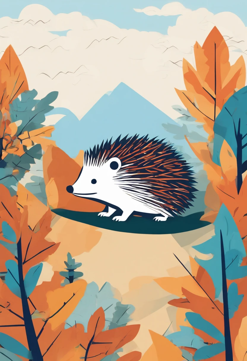 A hedgehog with colored needles goes to the forest school in the autumn forest, Blue sunny sky