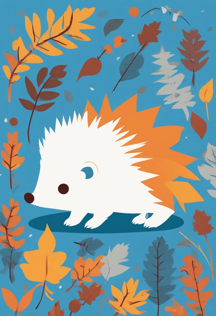 A hedgehog with colored needles goes to the forest school in the autumn forest, Blue sunny sky