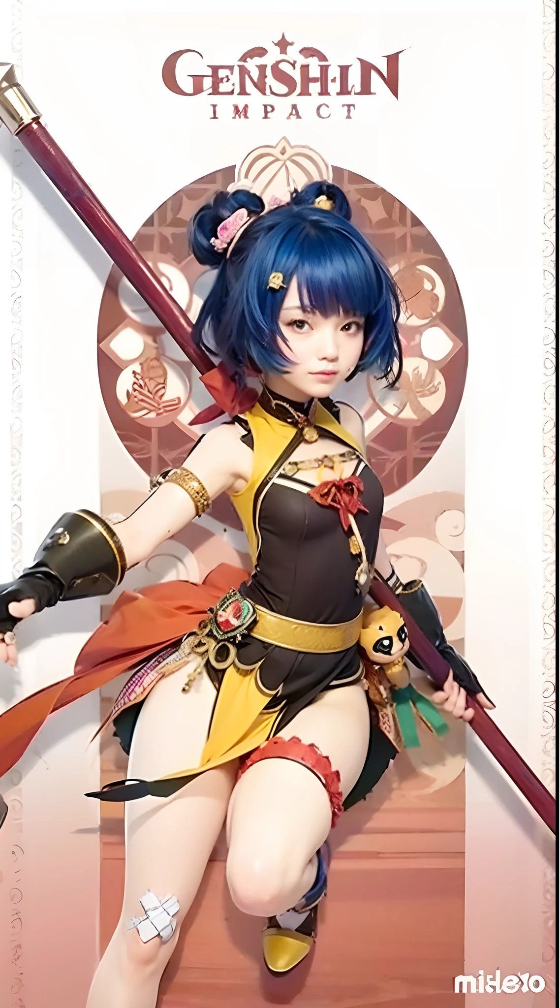 Cute girl with blue hair holding a stick in posed