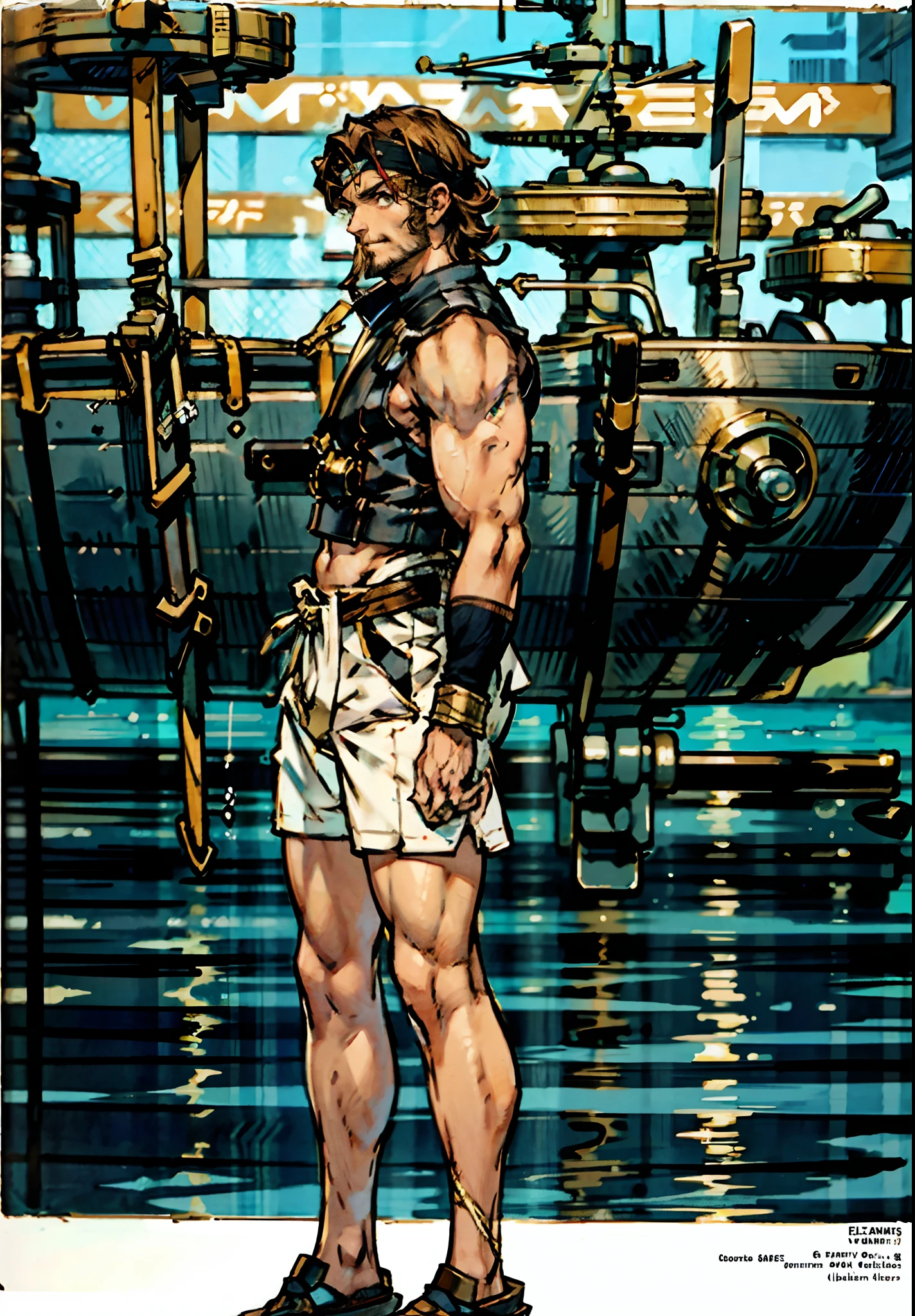 A middle-aged man with short dark golden hair, hair swept backward g, a thick headband around his forehead, deep facial features, resolute gaze, bright smile, a full beard, a tight-fitting fisherman vest, a blue-gold thick breastplate, a black tight-fitting undershirt, solid bronze muscles, a wristband on his wrist, shorts, stands on a large ship sailing on the sea, this character embodies a finely crafted fantasy-style fisherman in anime style, characterized by an exquisite and mature manga illustration art style, high definition, best quality, highres, ultra-detailed, ultra-fine painting, extremely delicate, professional, anatomically correct, symmetrical face, extremely detailed eyes and face, high quality eyes, creativity, RAW photo, UHD, 8k, Natural light, cinematic lighting, masterpiece:1.5