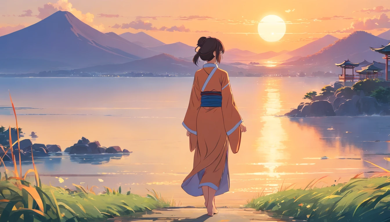 beautiful oriental woman, Oriental clothing, Background landscape with rising sun, ::n_Style drawing, Low-quality defects