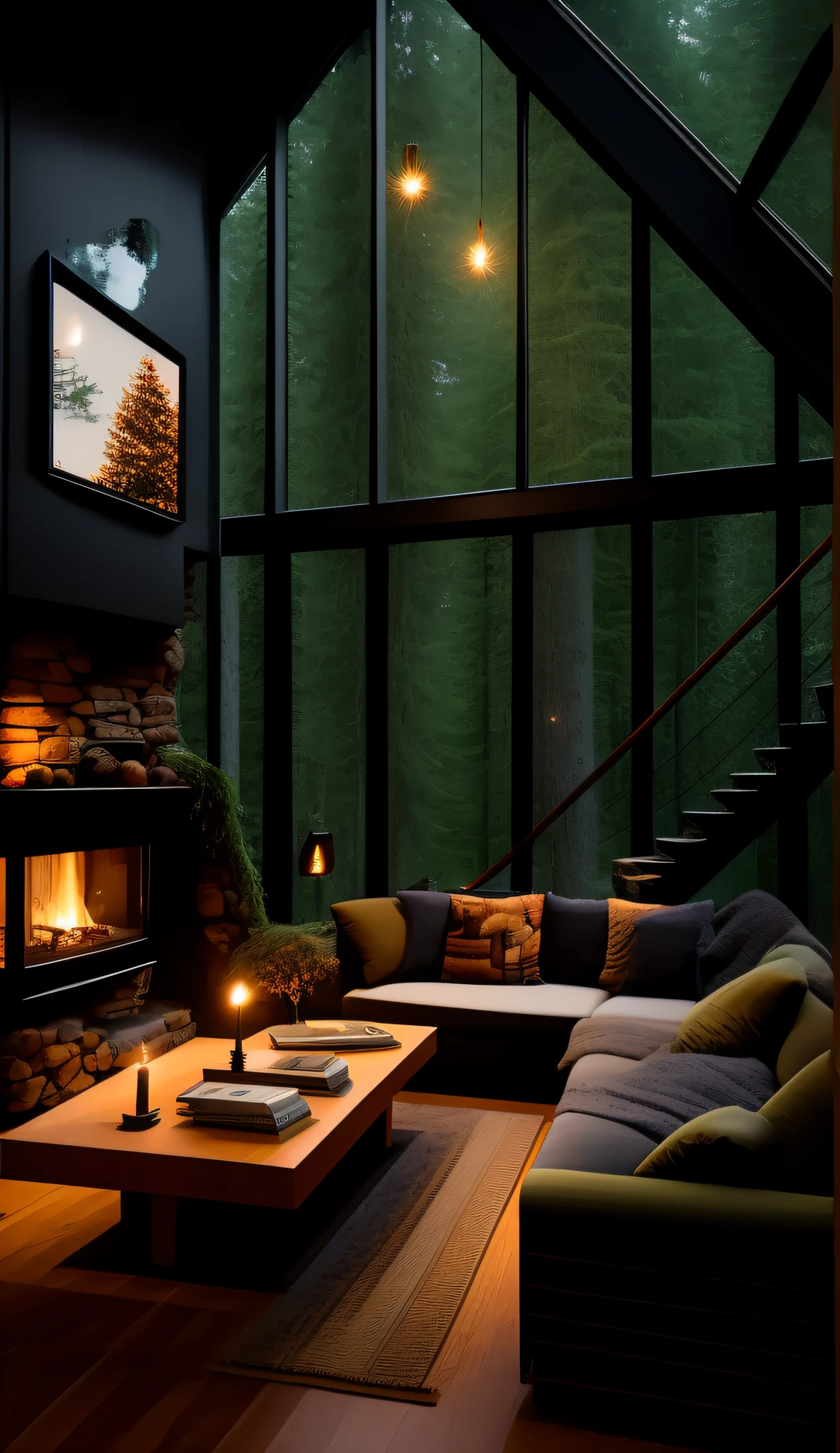 Araffed living room with large sofa and fireplace, large windows to forest at night, cozy living room, cozy place, cozy and peaceful atmosphere, inside on a rainy day, cozy living room interior, cozy environment, comfortable atmosphere, cozy and calm, Relaxing environment, Warm living room, cosy atmoshpere, cozy night fireflies