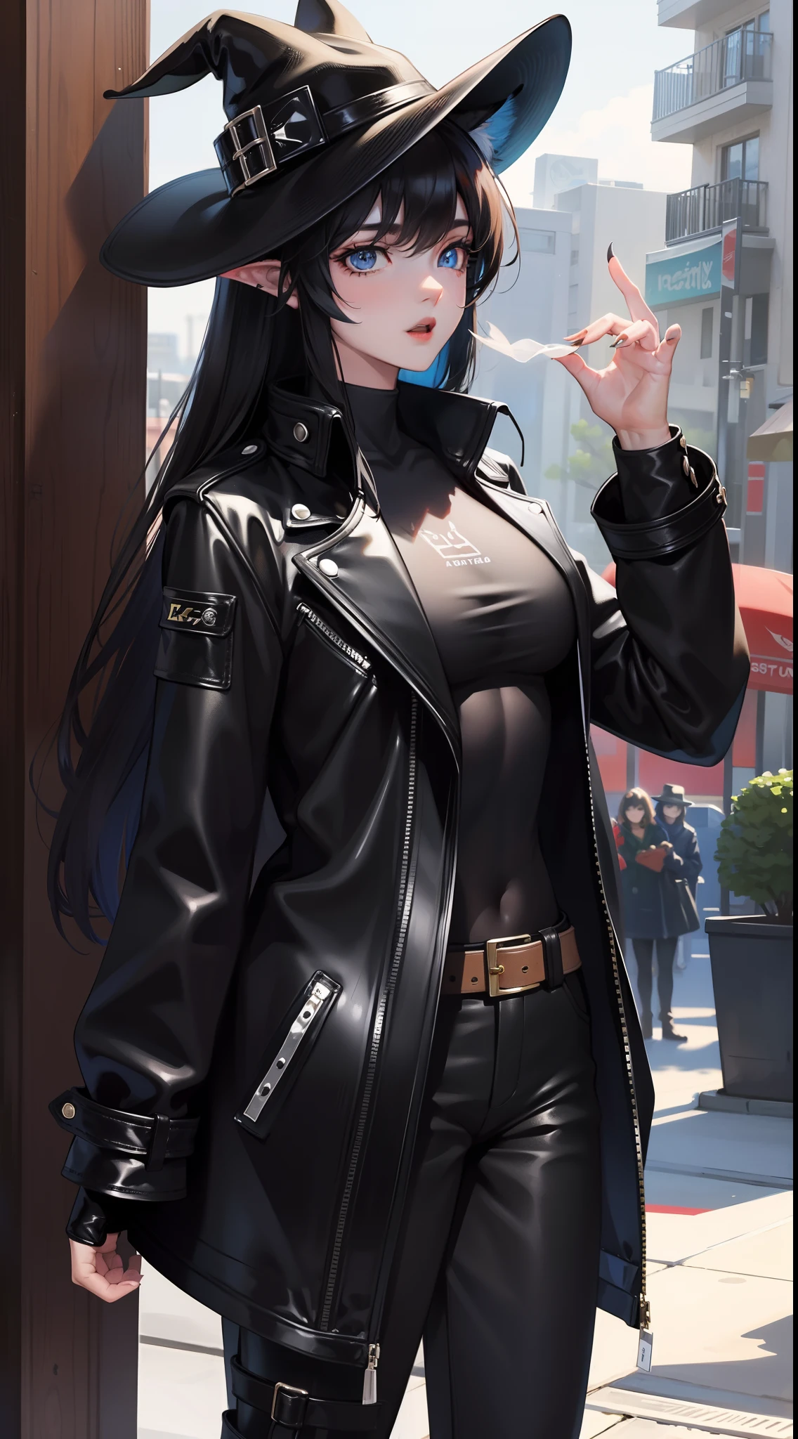 young girl, Long black hair, Fox ears, blue eyes, leather coat, hat, pants, claws, Smoke, Masterpiece, hiquality, 4k, HD, Good detail