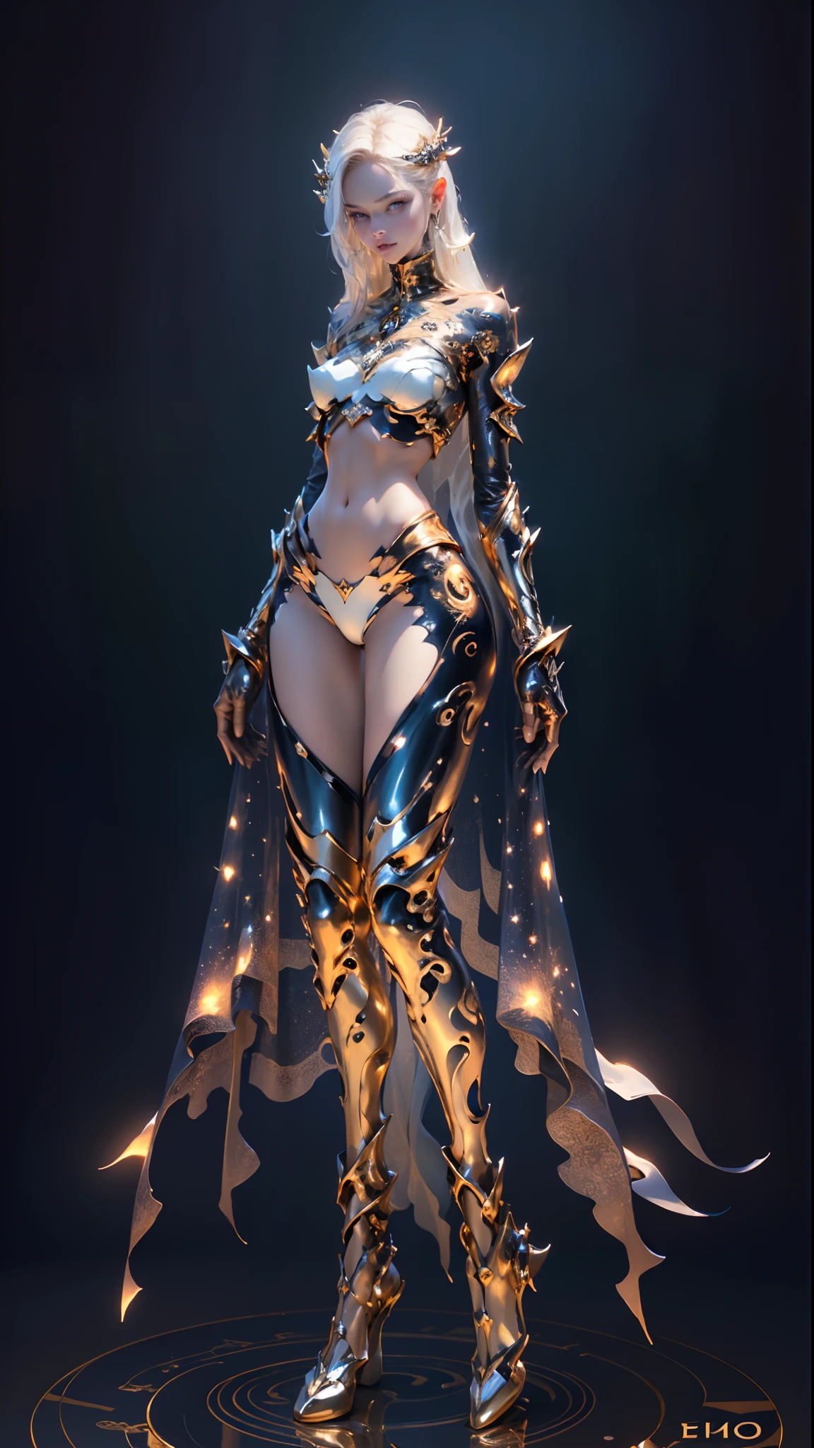 Masterpiece, highly creative digital CG work, a beautiful and proud human void goddess, supermodel, gorgeous clothes on gold patterns, full body white transparent bikini standing under the wild empty night stars, disappearing transparent pants, full body standing, tall, slender legs, extremely high face details, detailed body part details, leg root details, reasonable hand handling, 8k wallpaper