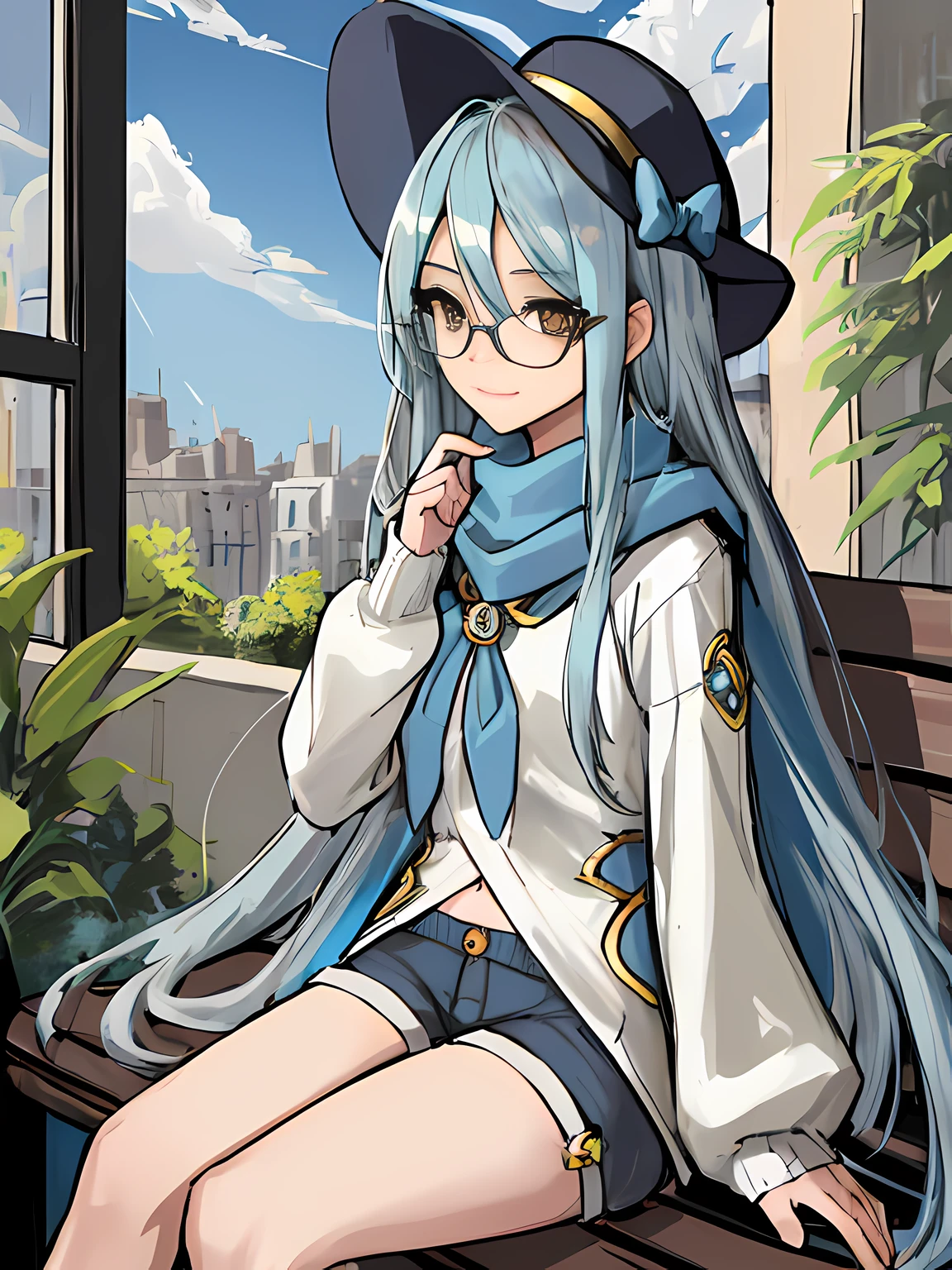 (absurdres, 8k, 4k, masterpiece, hyper extreme detailed:1.2), solo, 1girl, side view portrait, best quality, expressive eyes, perfect face, 1girl, portrait, solo, Female, mature female, adult, silver hair, brown eyes, light smile, blue hairbow, birds, small bust, long sleeve, sweater, blue scarf, shorts cloak, long hair, straight hair, drawing, swept bangs, cowboy shot, half body, silver hair, expressive eyes, perfect eyes, cafe background, smile, glasses, artist, artistic, creative, creativity, passion, passionate, friendly, sitting down, bench, cafe background, blue skies, sun, clouds, window, blue sweater, eg_azura, you_azura, hat_azura, res_azura
