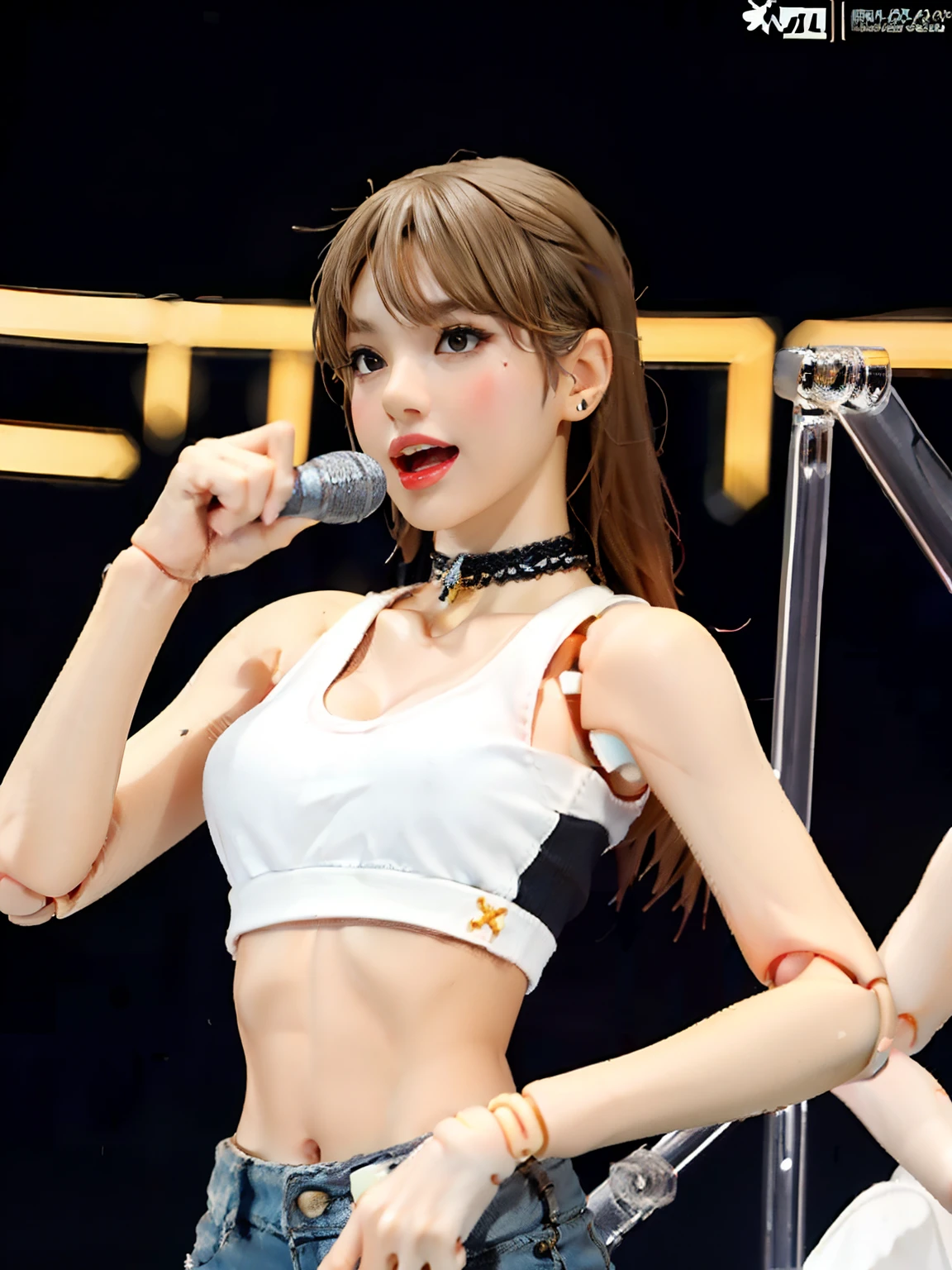 1girl, action figure, Figma, doll, dancing and singing pose, holding a microphone, black daisy duke, white tanktop, black choker,