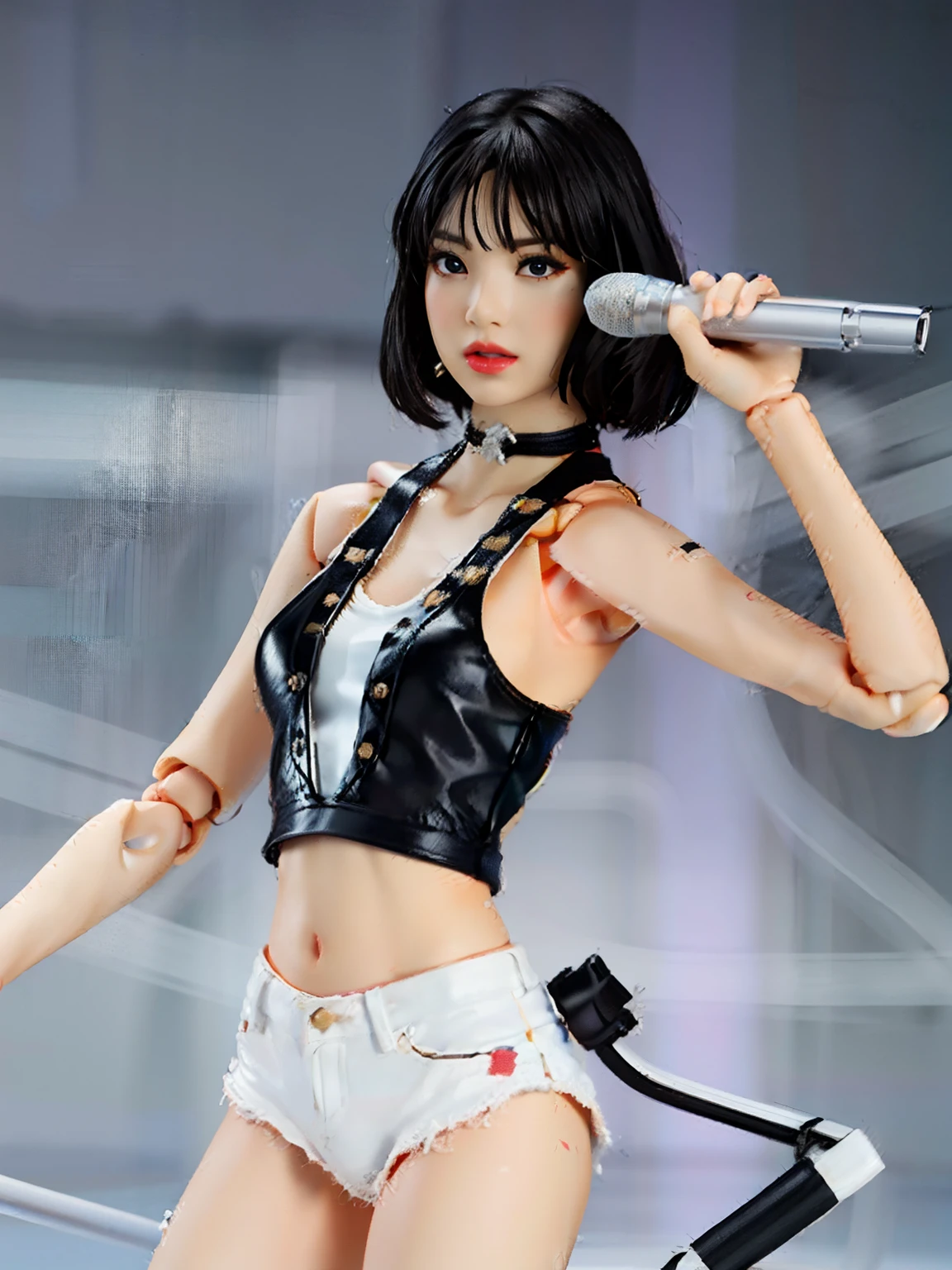 1girl, action figure, Figma, doll, dancing and singing pose, holding a microphone, black daisy duke, white tanktop, black choker,