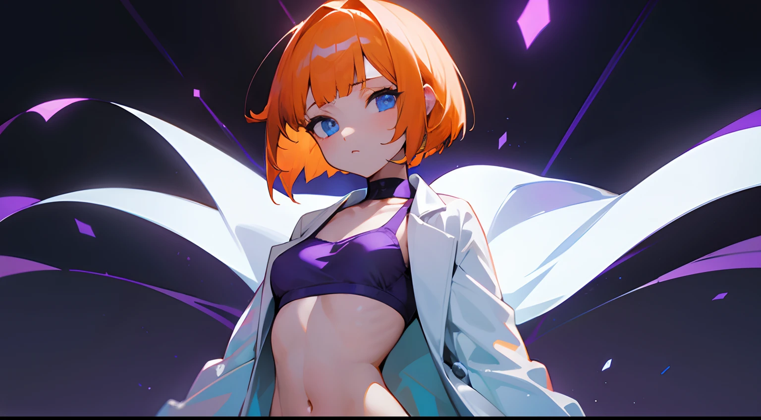 Wearing a doctor's lab coat、Girl with pale orange hair、petite body、Undersized breasts、Blue eyes、Suspicious Lab、natta、bob cuts、purple color lighting、Purple sports bra and panties、