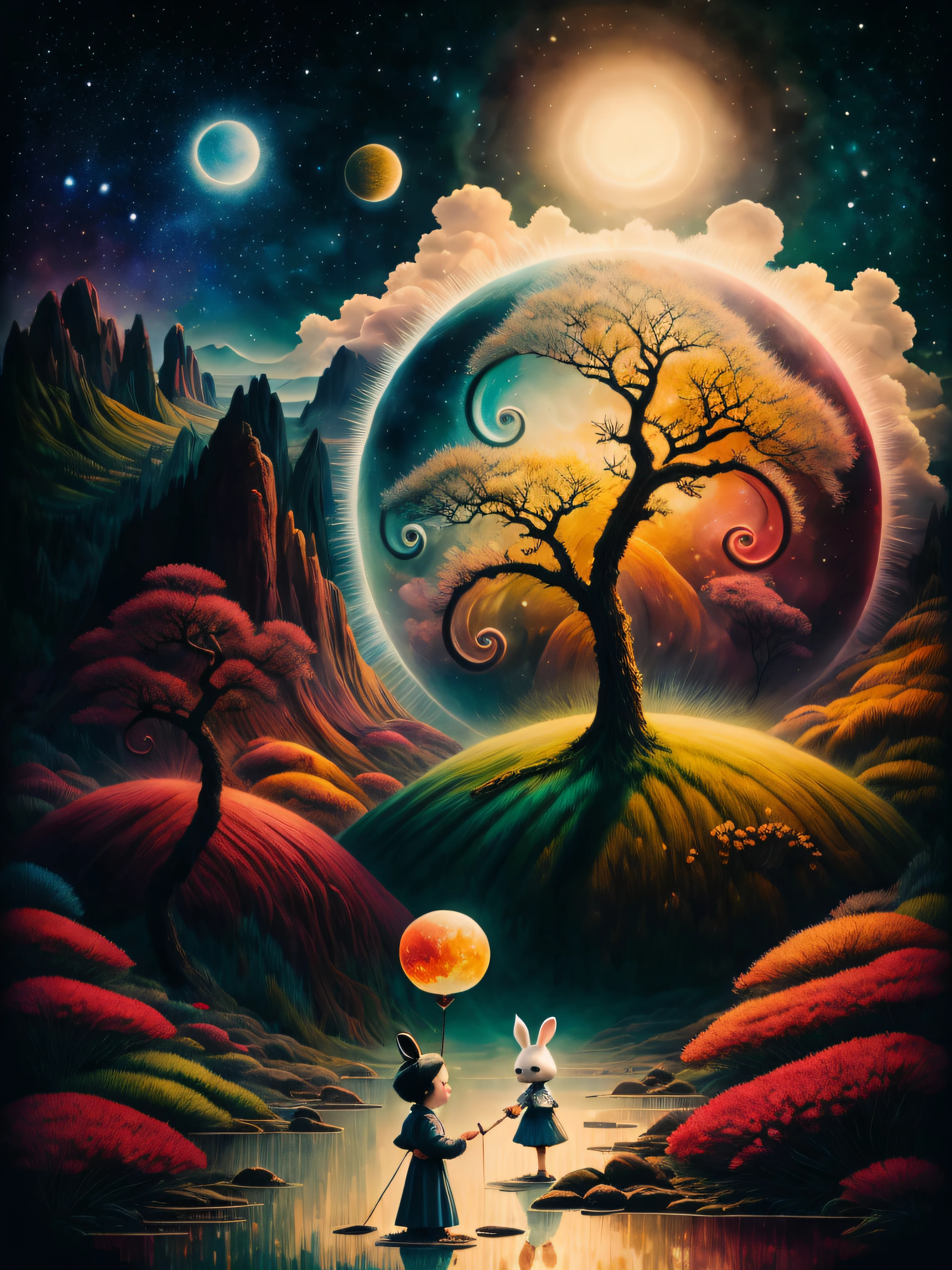 Autumn landscape painting, alta resolucion, hiperrealista, Arte digital surrealista, dreamlike surrealism, Hermosa obra de arte digital, Surrealist and fantastic art, Las estrellas son peces en las profundidades, Estilo Alexander Jansson, Copa Kerem, por Alexander Jansson, Arte surrealista, by Adam Marczyński, a beautiful artwork illustration, Estilo Mark Ryden, Mark Ryden muy detallado, Estilo de Mark Ryden, Mark Ryden en el estilo de, cute anthropomorphic bunny, por Mark Ryden, Surrealismo pop lowbrow, Arte hiperrealista