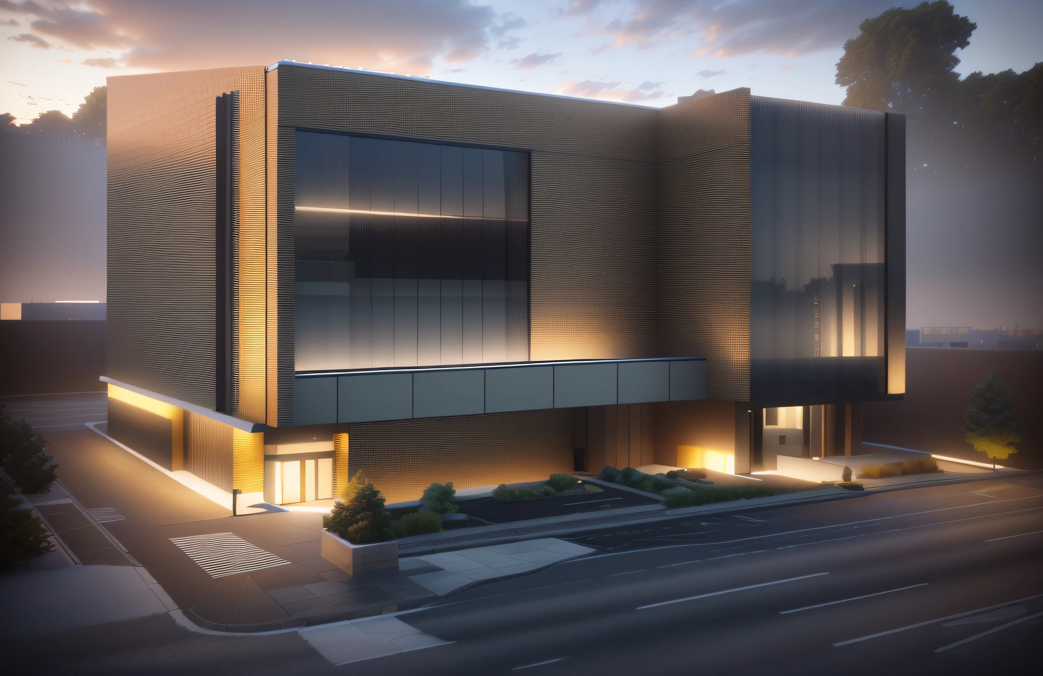 Modern glass curtain wall architectural landscape,There was a car parked in front, architecture render, architectural render, vray rendered, night time render, Render in Vray, beeple rendering, artstation hq, 3 d render beeple, artstation hq”, rendered in vray, rendered in octane render, dramatic lighting render, 3 d render even lit