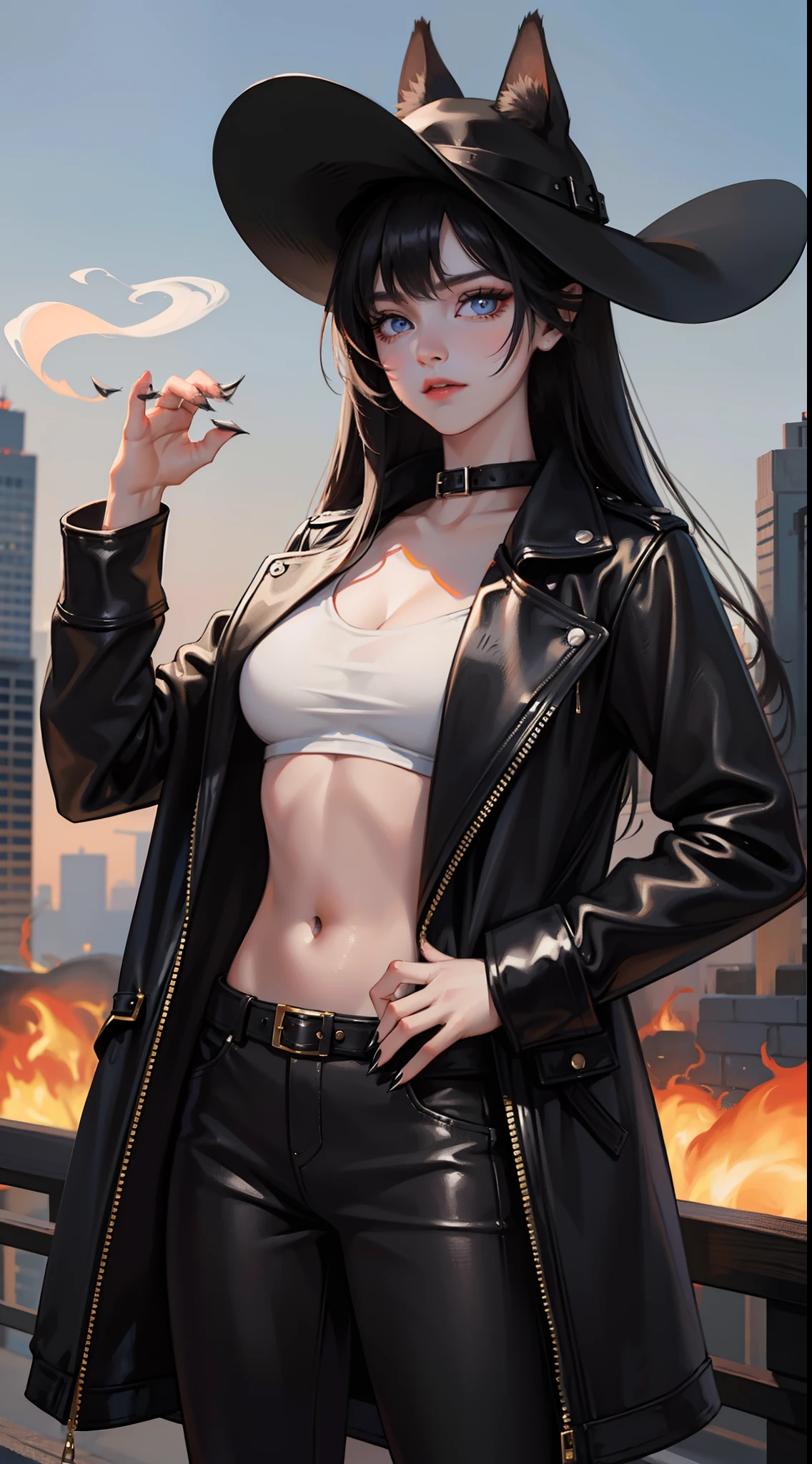 young girl, Long black hair, Fox ears, blue eyes, leather coat, hat, pants, claws, Smoke, Masterpiece, hiquality, 4k, HD, Good detail