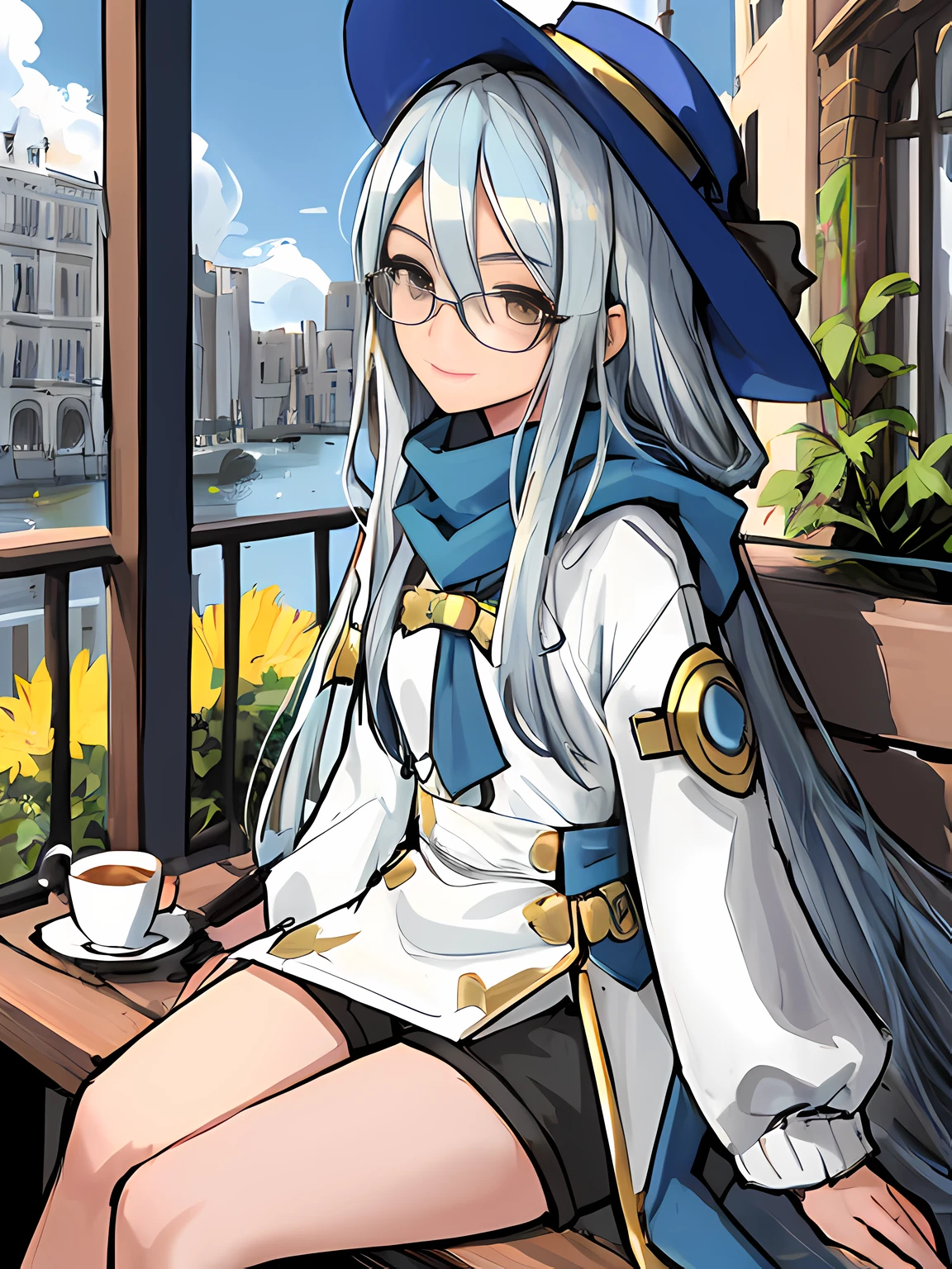 (absurdres, 8k, 4k, masterpiece, hyper extreme detailed:1.2), solo, 1girl, side view portrait, best quality, expressive eyes, perfect face, 1girl, portrait, solo, Female, mature female, adult, silver hair, brown eyes, light smile, blue hairbow, birds, small bust, long sleeve, sweater, blue scarf, shorts cloak, long hair, straight hair, drawing, swept bangs, cowboy shot, half body, silver hair, expressive eyes, perfect eyes, cafe background, smile, glasses, artist, artistic, creative, creativity, passion, passionate, friendly, sitting down, bench, cafe background, blue skies, sun, clouds, window, blue sweater, eg_azura, you_azura, hat_azura, res_azura