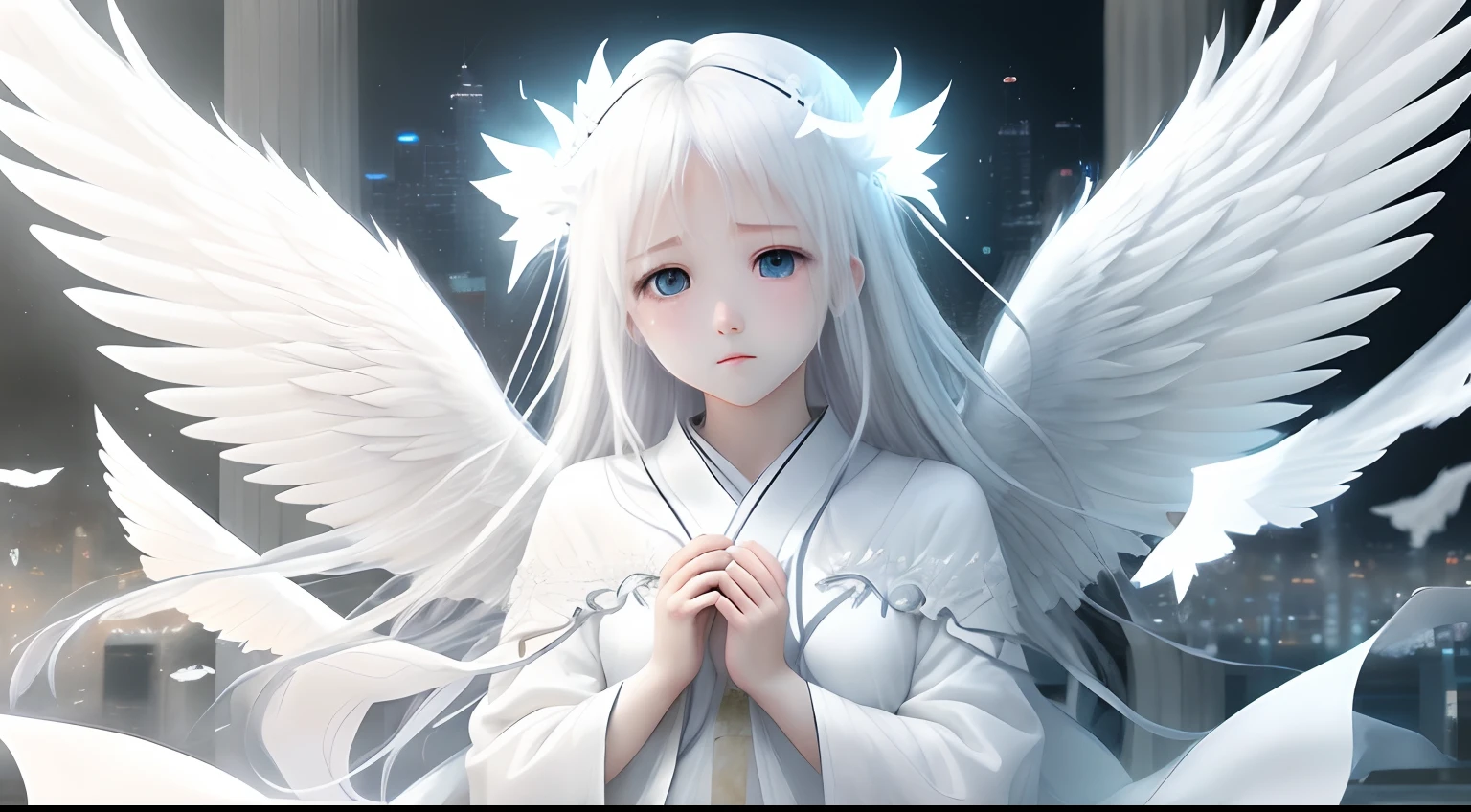 Angel of Light、White cloth、Sadness look、Pure white wings、Cities burn、a person々Fall first々、Realistic